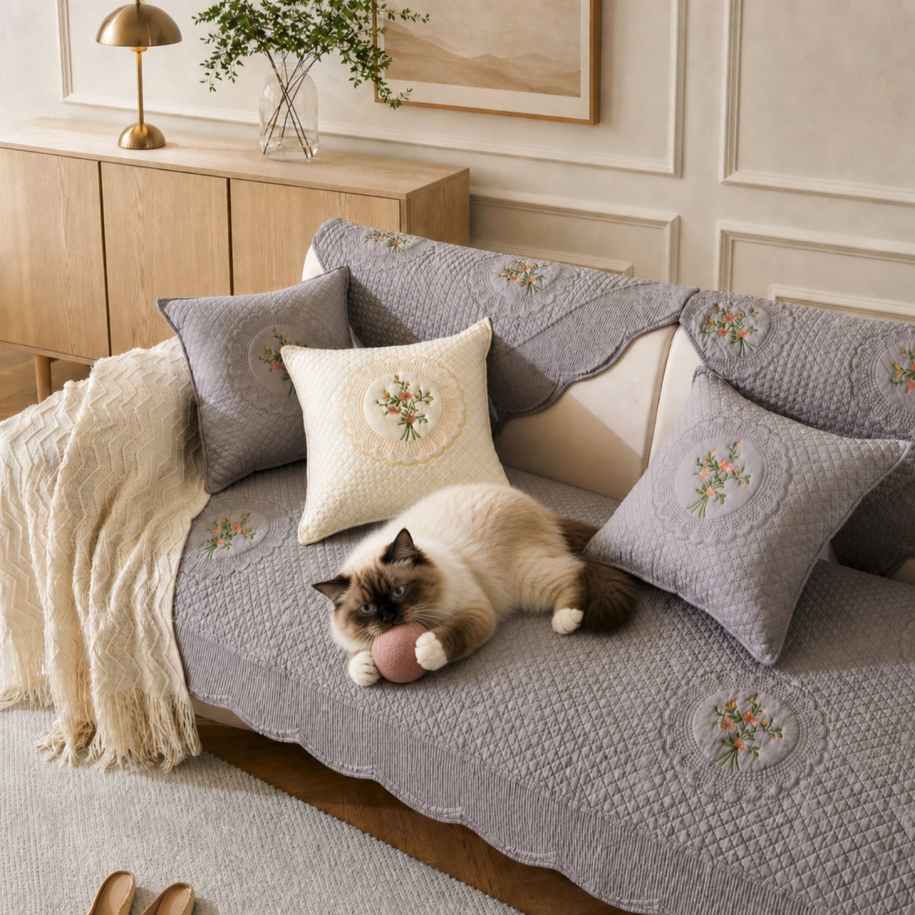 Heritage Floral Sofa Cover | Embroidered Cotton | Anti-Slip & Washable