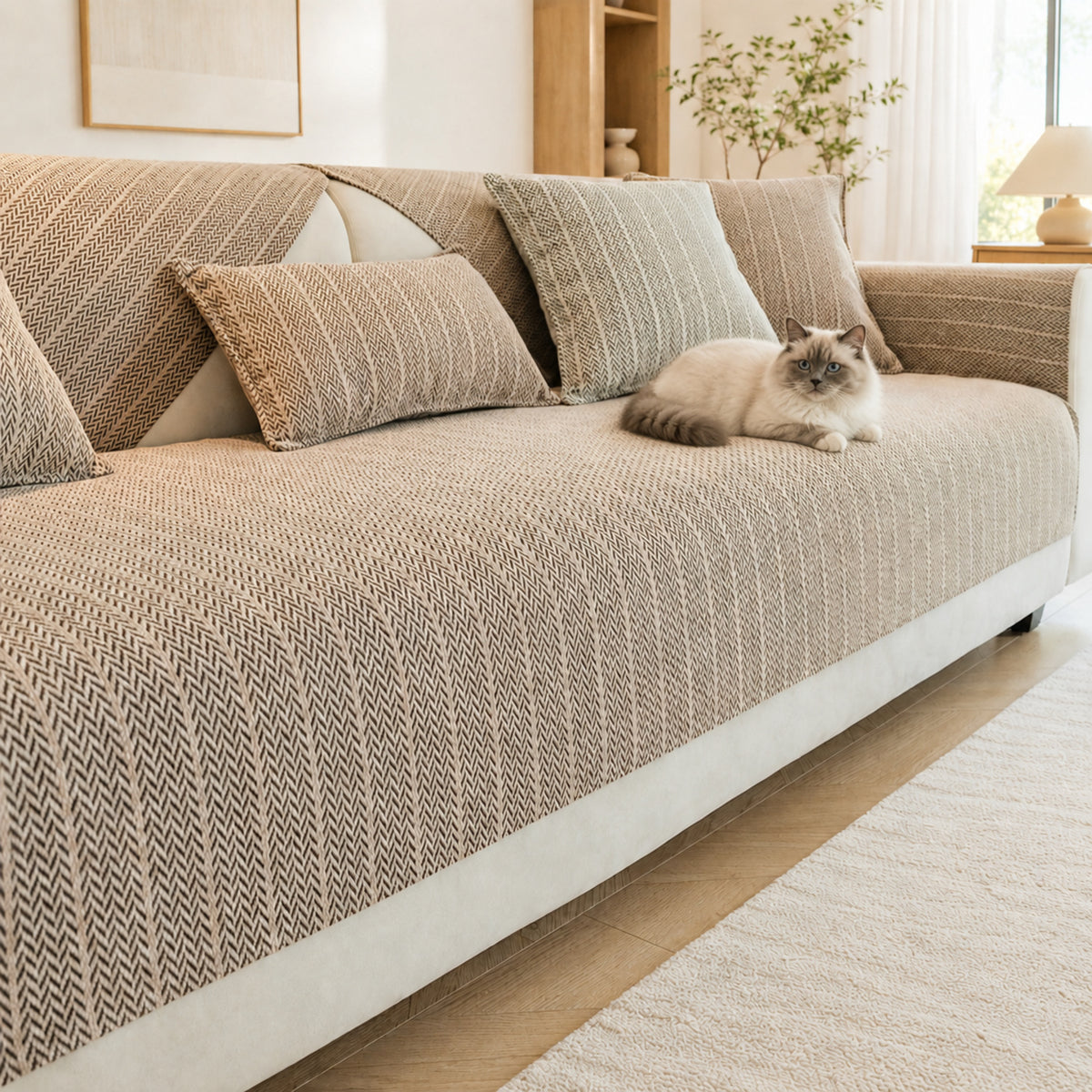 Solid Colour Chenille Sofa Cover | Anti-Scratch Herringbone Couch Protector | Durable | Woofing Deals