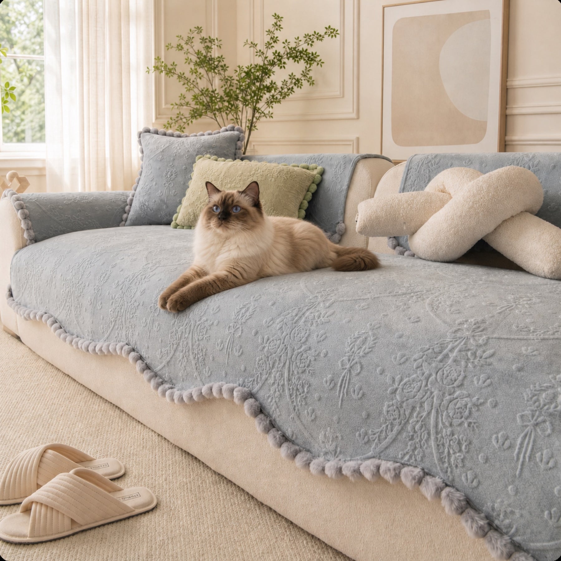 Floral Haven Sofa Cover | Pom-Pom Trim| Anti-Slip & Machine Washable