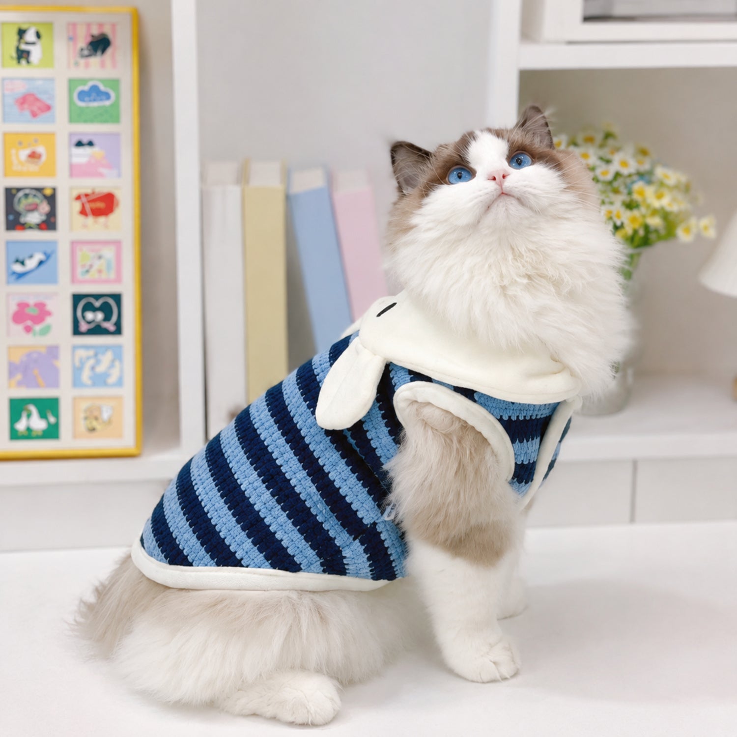 Bunny Hooded Pet Jumper | Fleece-Lined Striped Winter Coat with Lead Ring