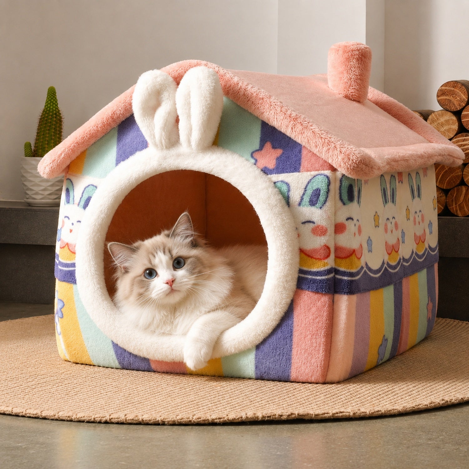 Rainbow Bunny Pet House | Warm Plush Pet Bed | Washable for Small Dogs & Kittens