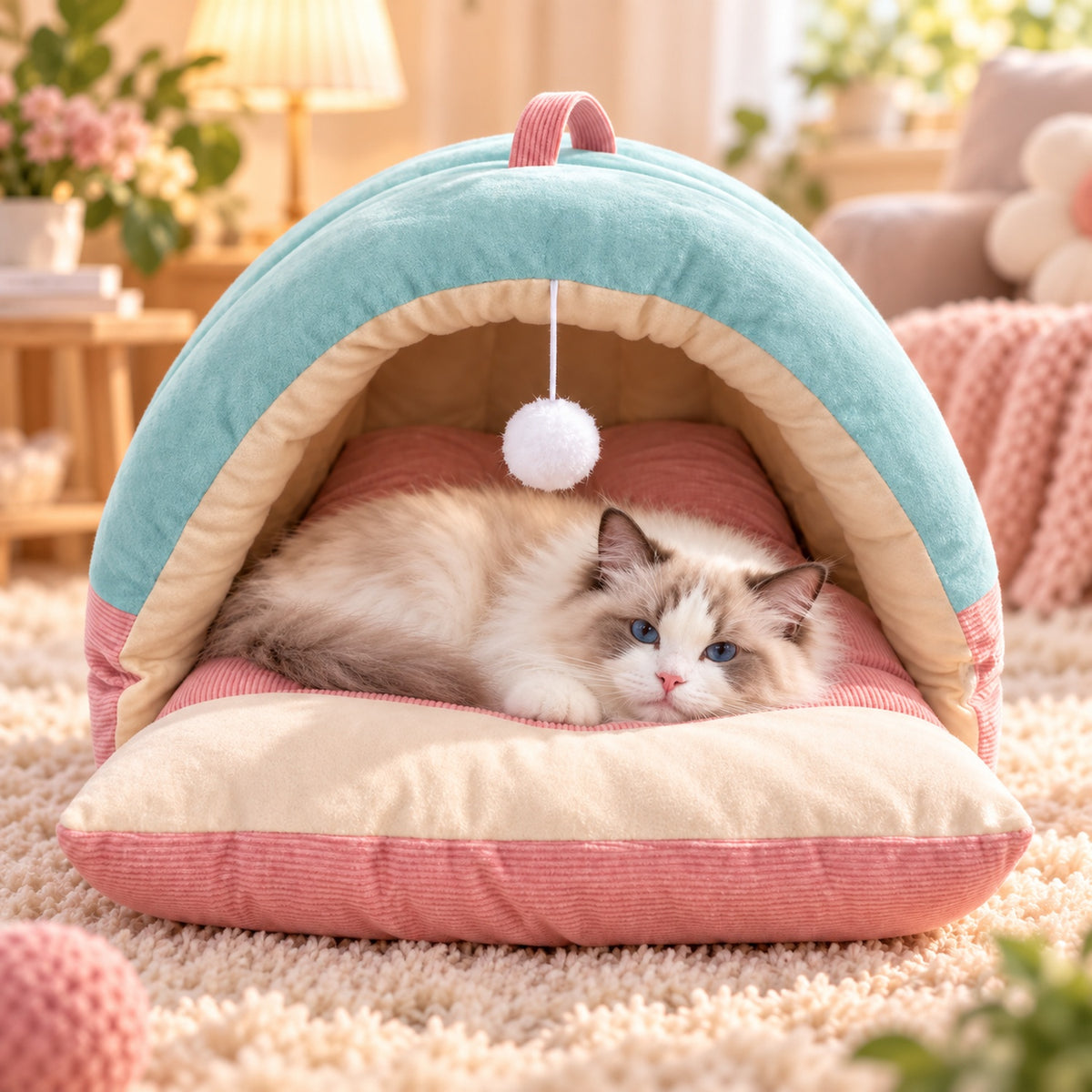 Dog Bed & Cat Bed | Cosy Plush Cave with Fold-Down Front