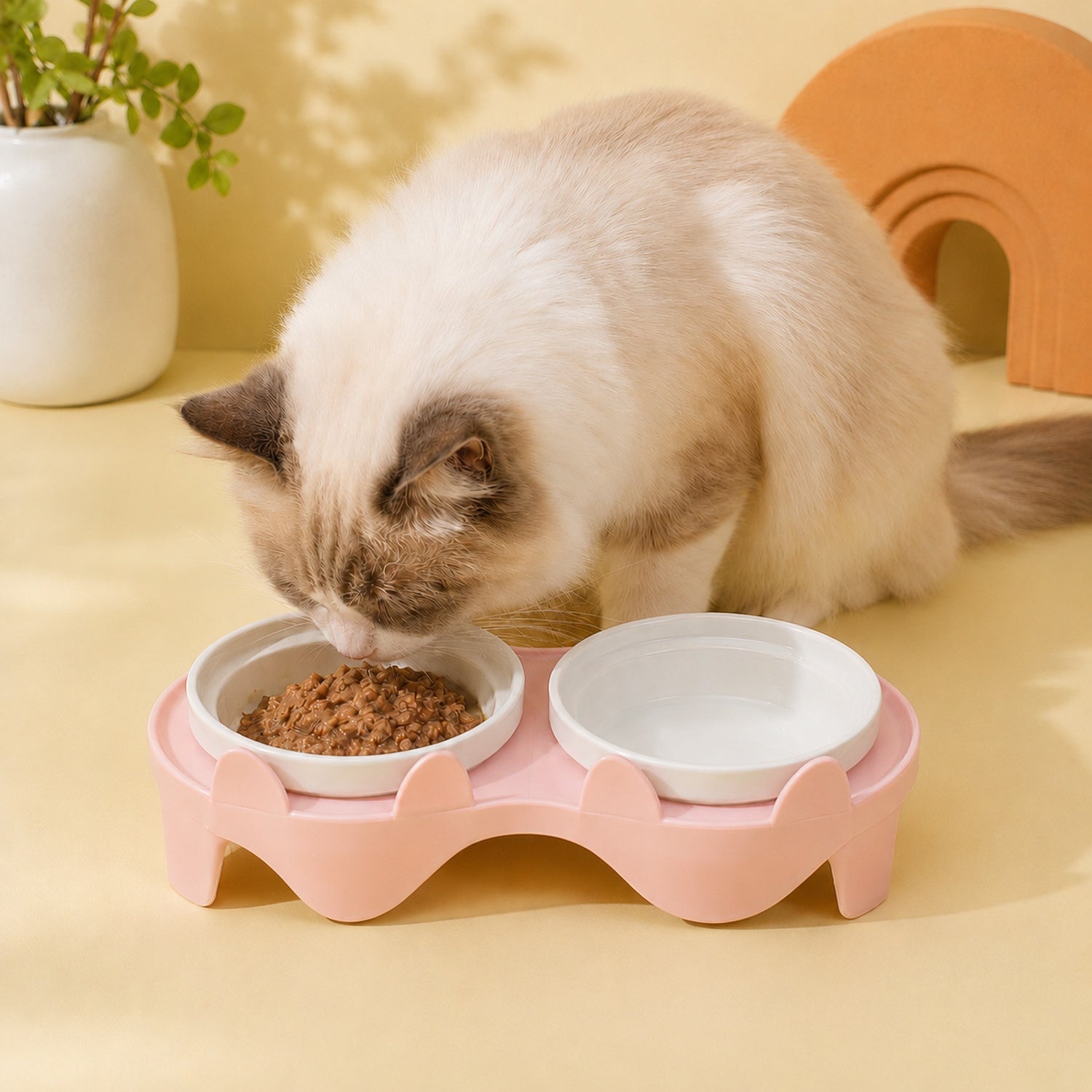 Elevated Ceramic Cat Feeder | 15° Tilted Double Bowls | Easy-Clean Neck-Friendly Stand