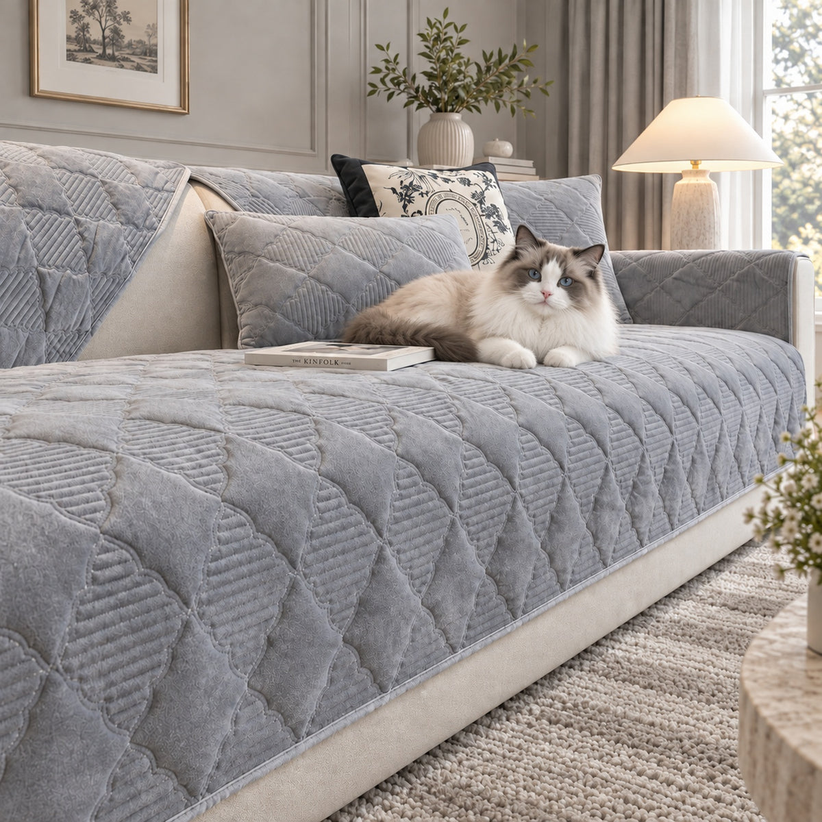 Quilted Sofa Cover | Soft Plush Velvet | Non-Slip, Machine-Washable Sofa Protector