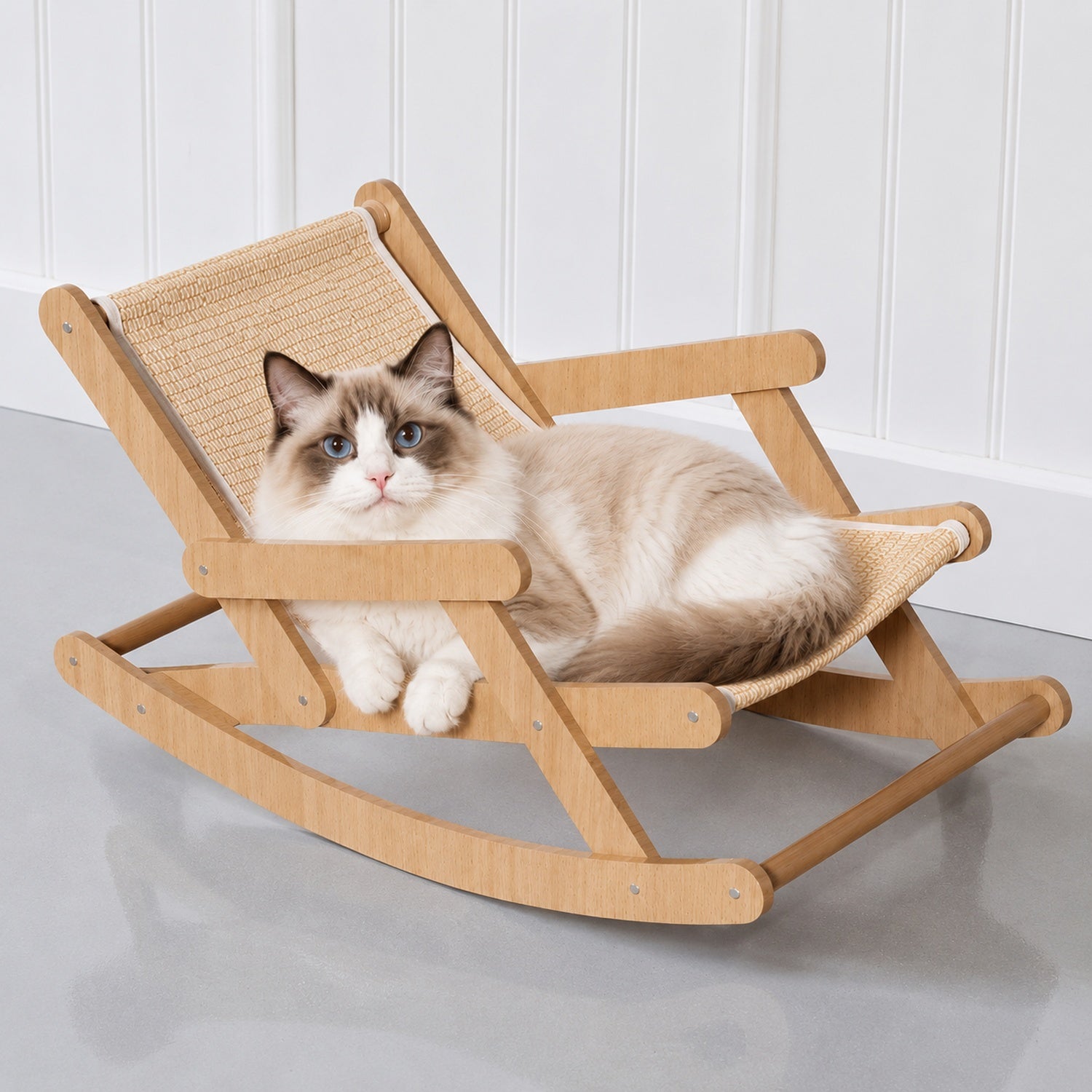Cat Rocking Lounge Chair | Sturdy Wooden Frame | Curved Sisal Bed