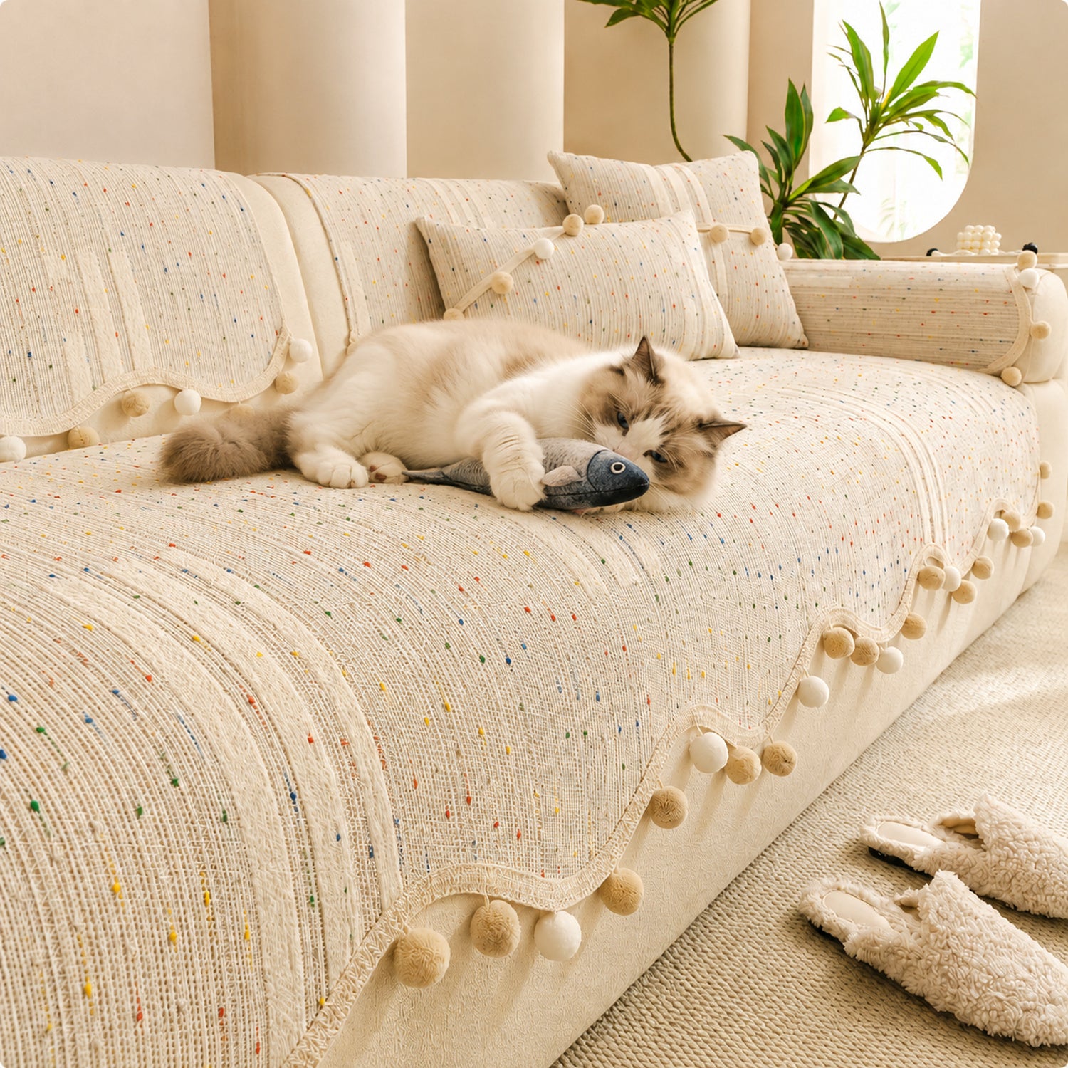 Confetti Pom-Pom Sofa Cover | Chenille | Washable Anti-Slip Sofa Protector