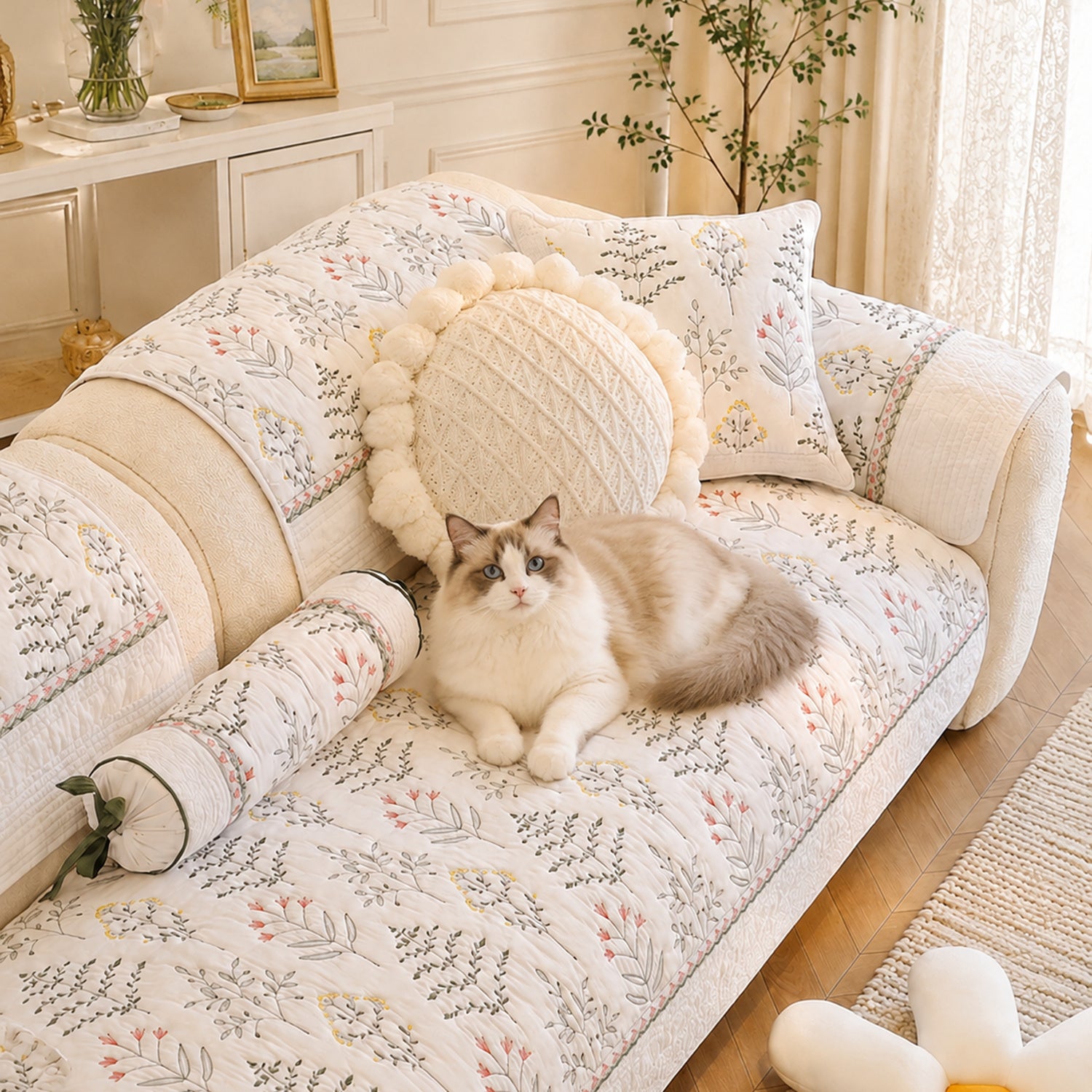 Wildflower Cotton Sofa Protector | Non-Slip Washable All-Season Cover