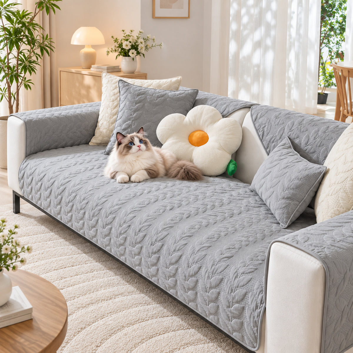 Leafy Vine Sofa Cover | Quilted Cotton | Non-Slip Sofa Protector