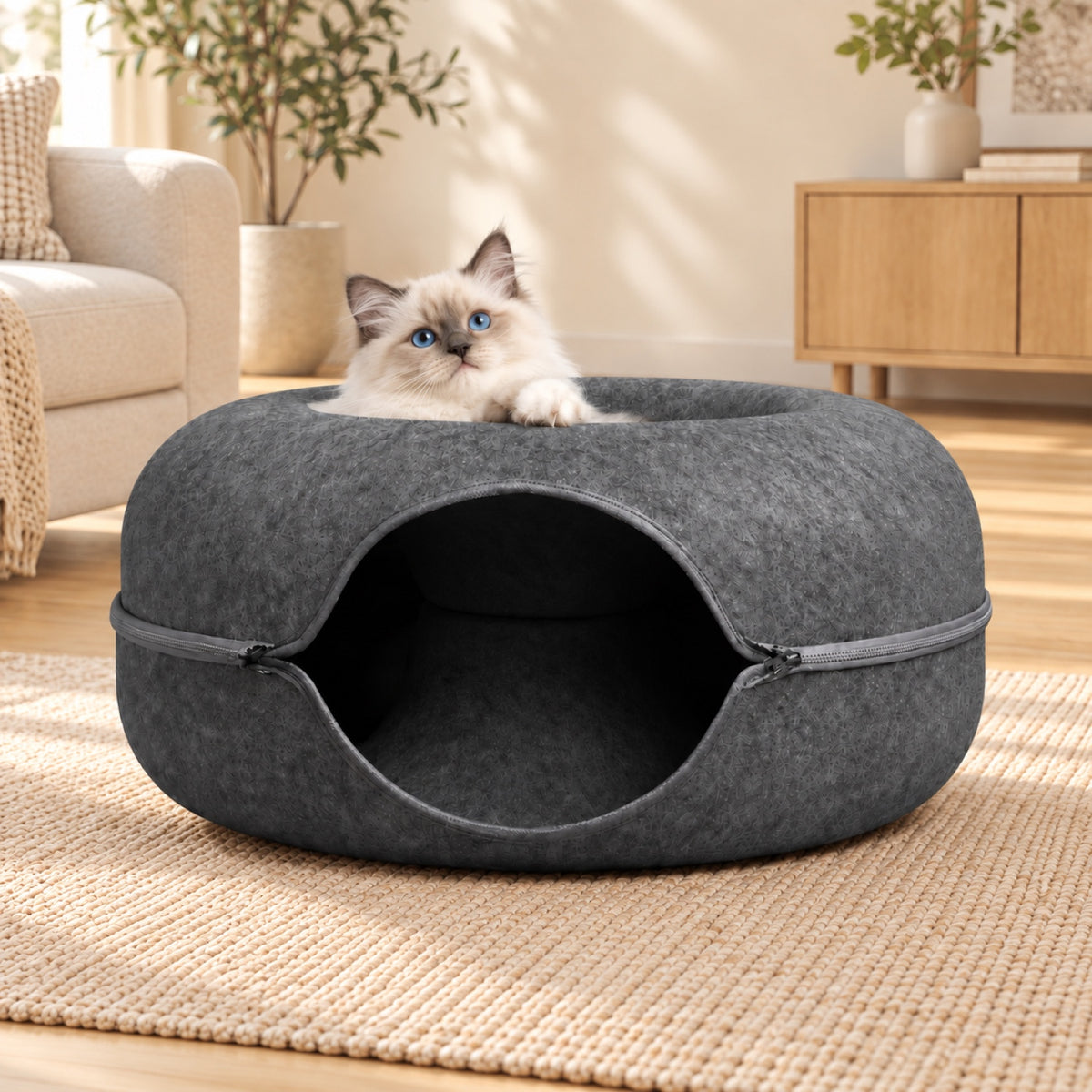 Donut Cat Bed | Felt Tunnel Hideaway with Removable Top