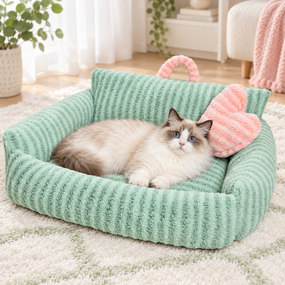 Dog Bed & Cat Bed | With Heart-Shaped Pillow | Soft Fleece, Padded Sides & Non-Slip Base