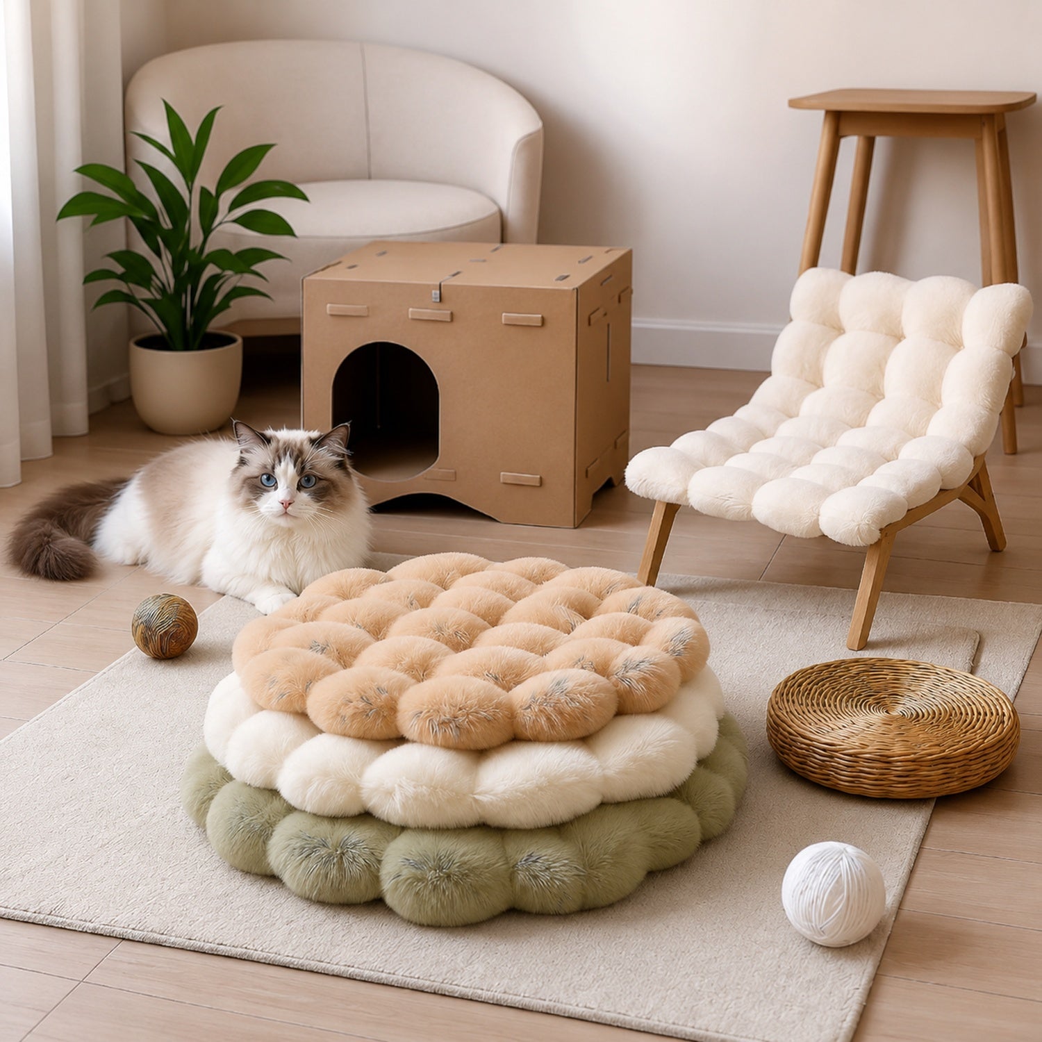 Flower Pet Mat | Thick Plush Round Bed | Washable Anti-Slip Cushion for Cats & Dogs