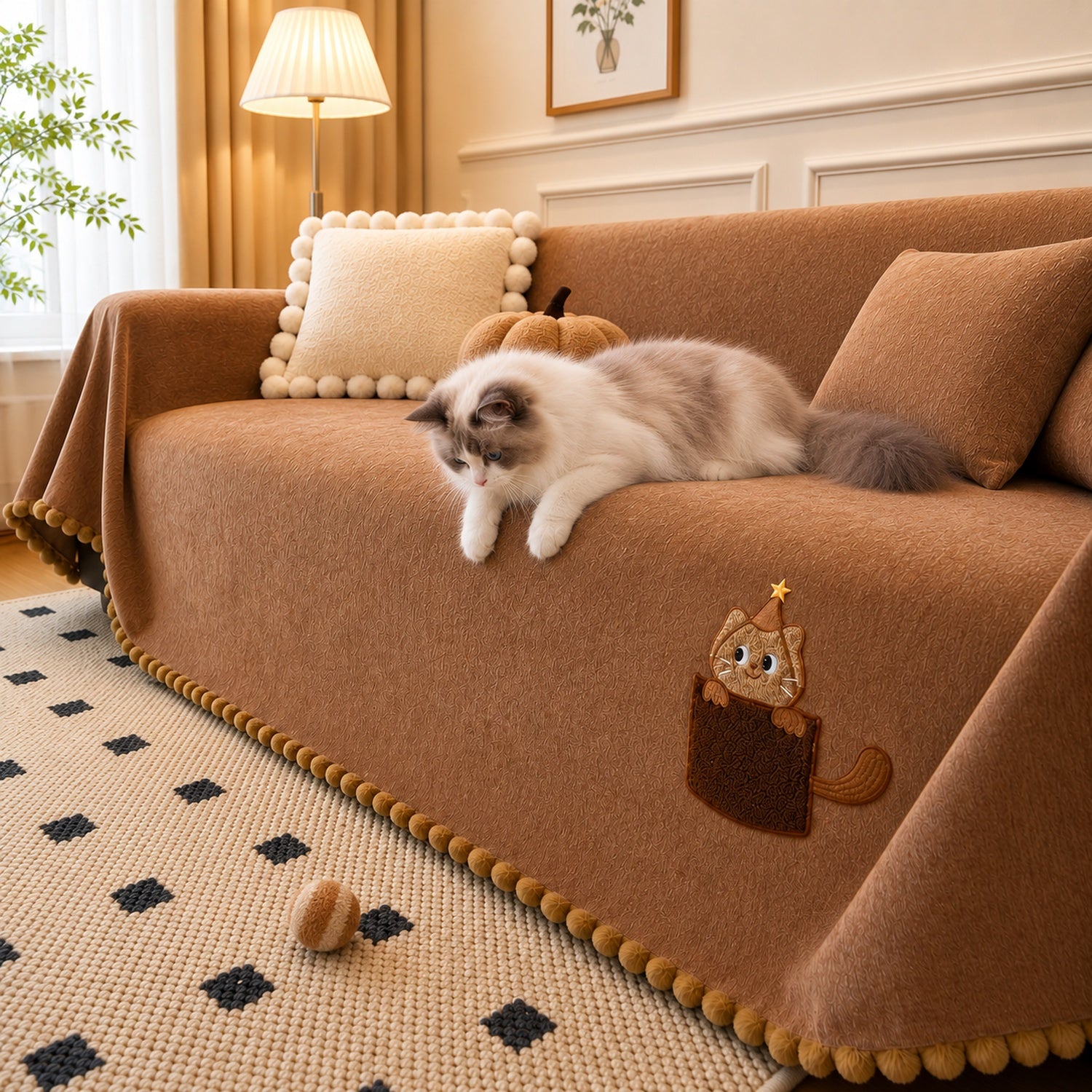 Pocket Kitty Chenille Sofa Throw | Anti-Slip Scratch-Resistant | Sofa Protector