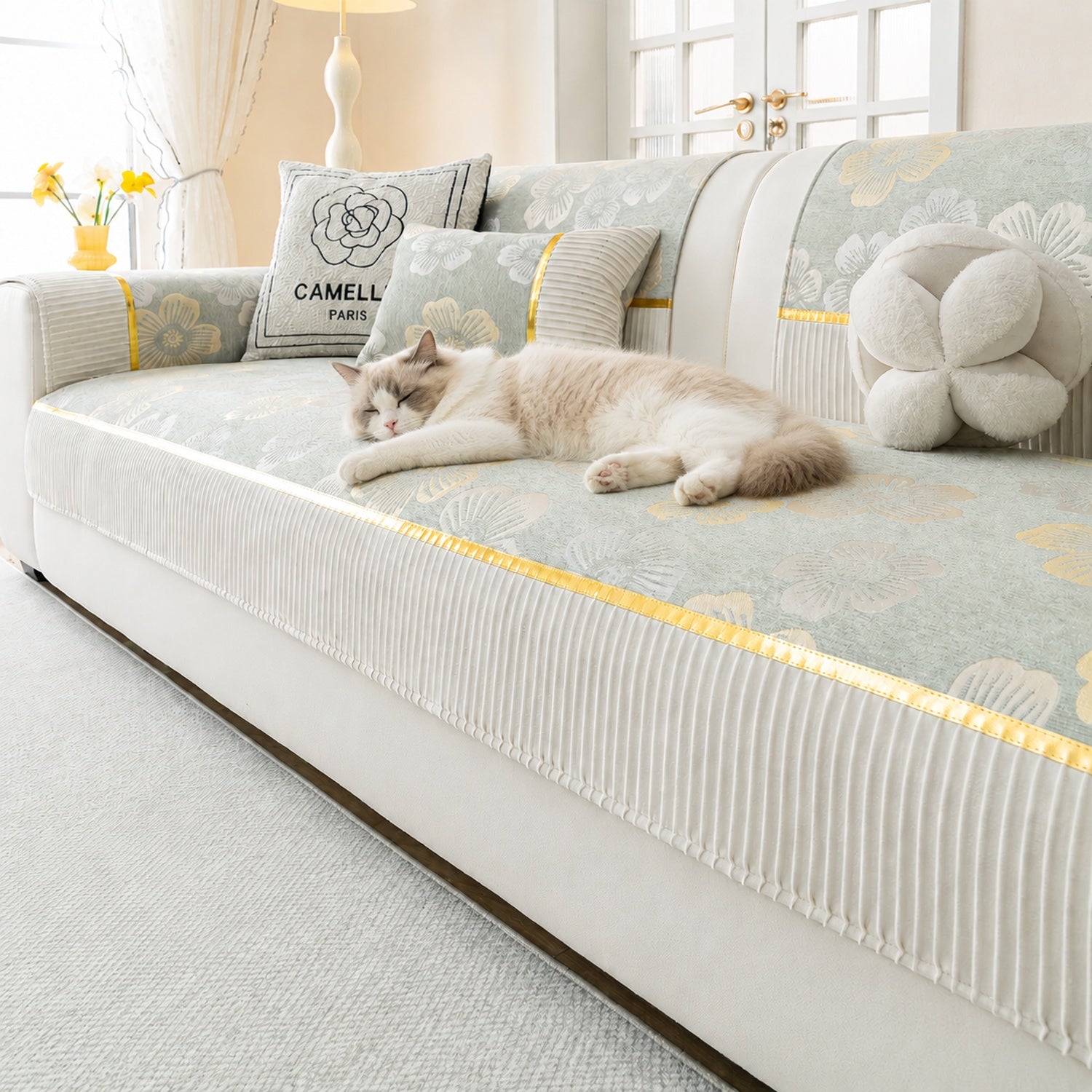 Golden Camellia Jacquard Sofa Cover | Chenille Anti-Slip Washable | Pet Protector