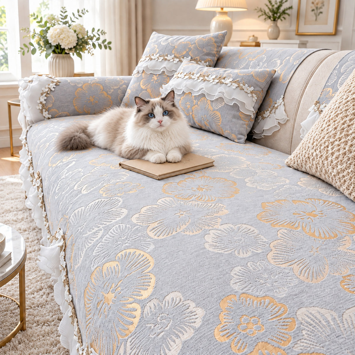 Chenille Sofa Cover | Non-Slip Sofa Protector | Golden Blossom | Machine Washable