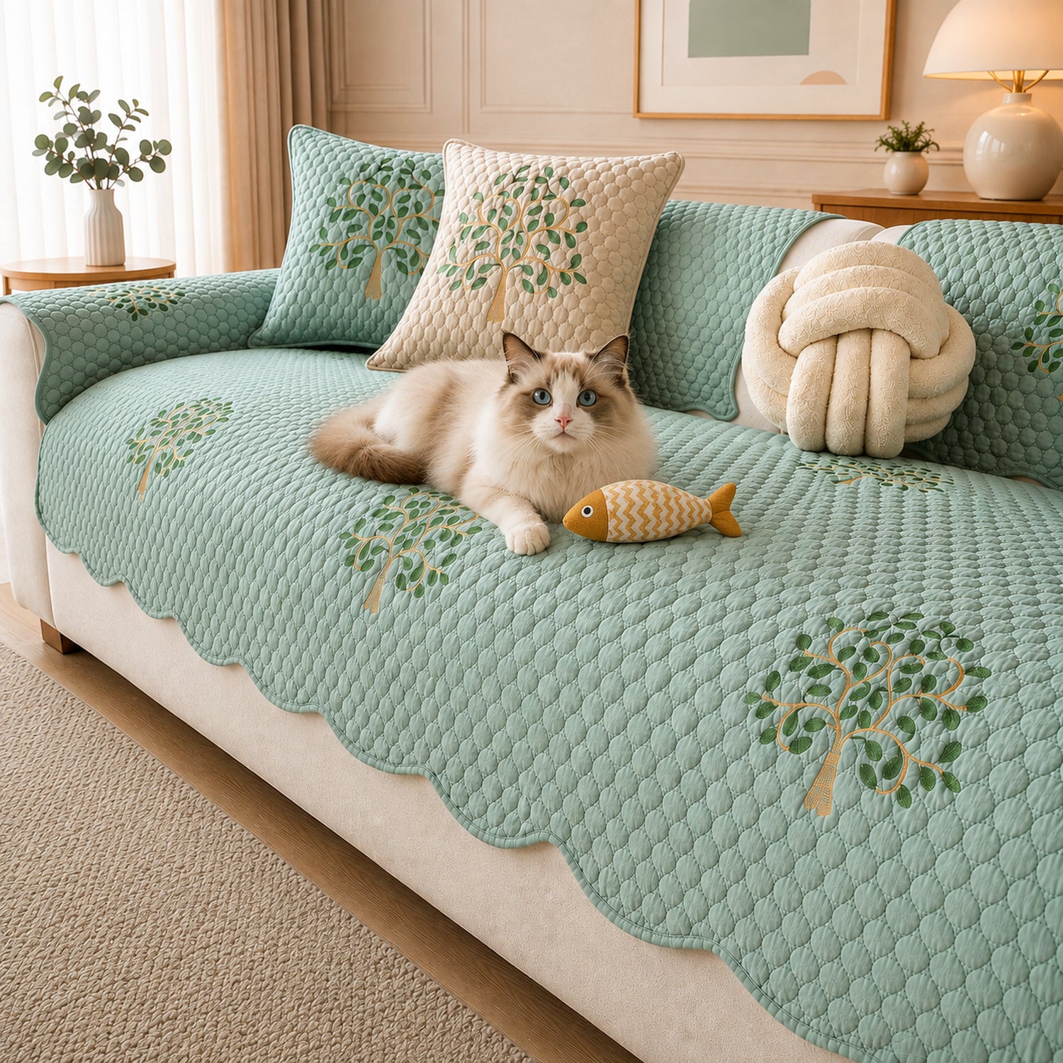 Tree Embroidered Cotton Sofa Protector | Quilted Non-Slip Machine Washable Cover