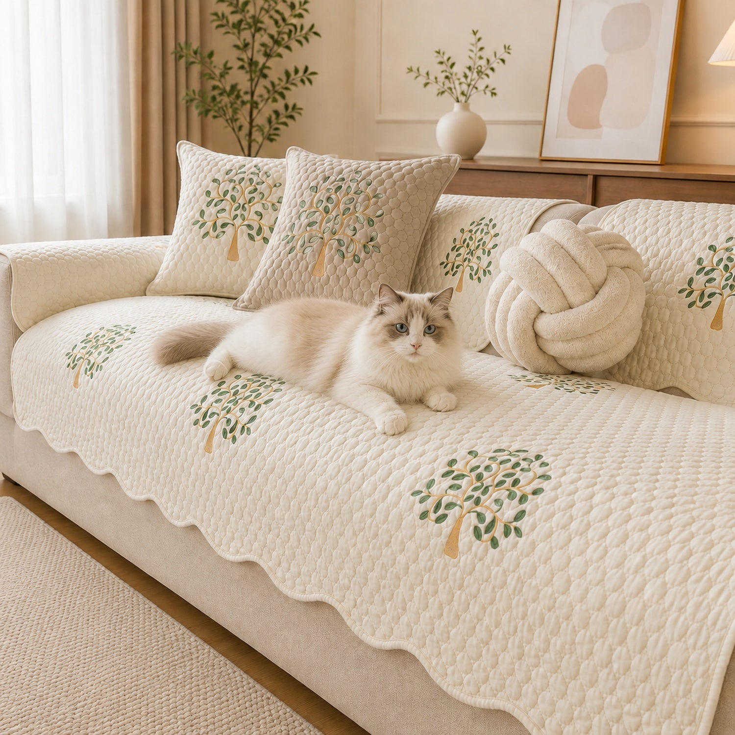 Tree Embroidered Cotton Sofa Protector | Quilted Non-Slip Machine Washable Cover