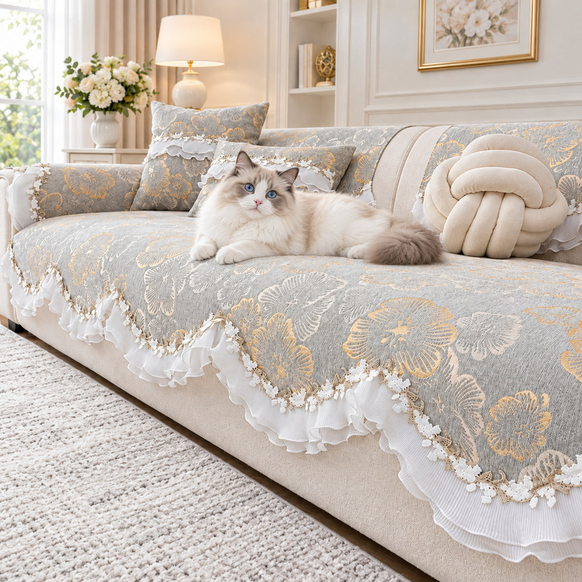 Chenille Sofa Cover | Non-Slip Sofa Protector | Golden Blossom | Machine Washable
