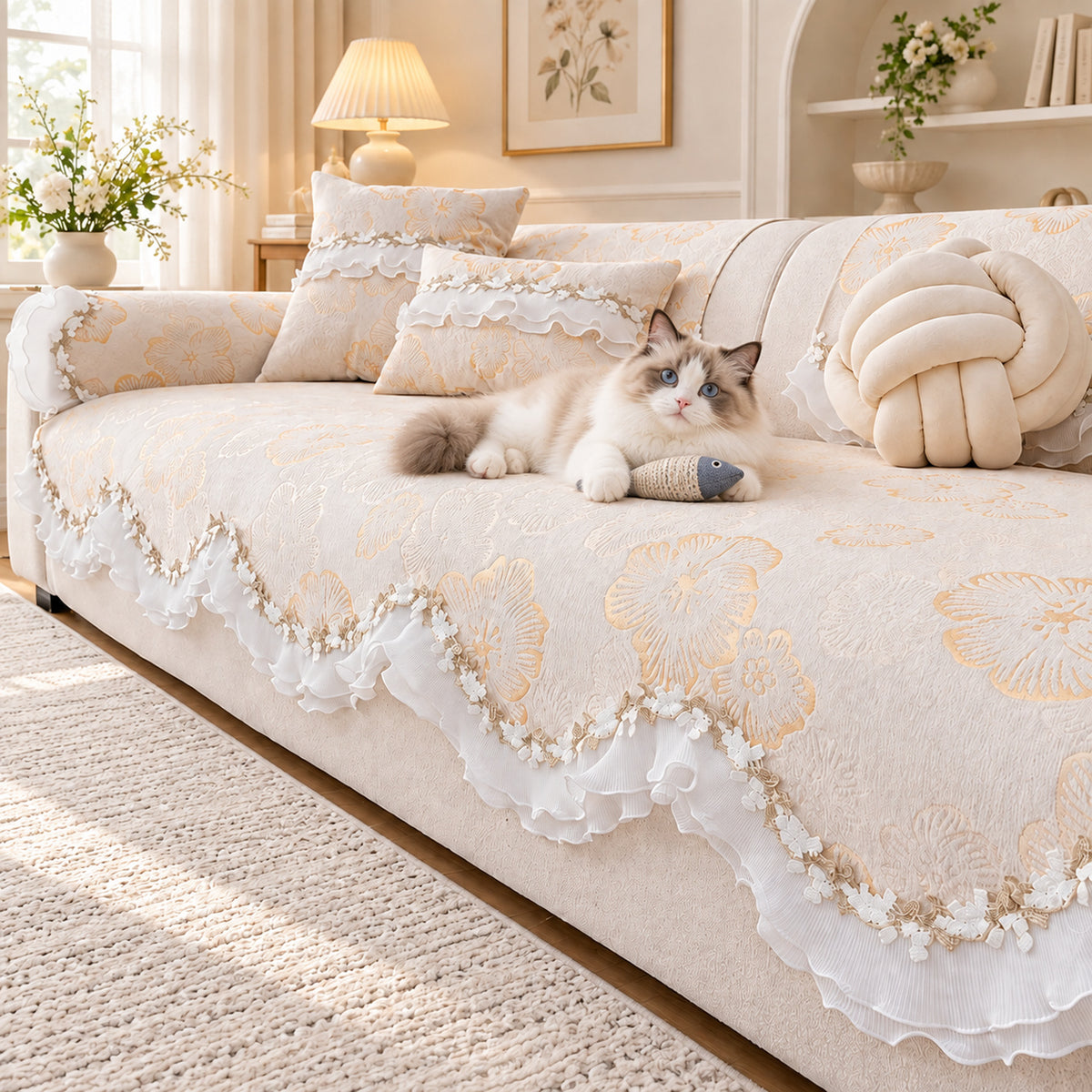 Chenille Sofa Cover | Non-Slip Sofa Protector | Golden Blossom | Machine Washable