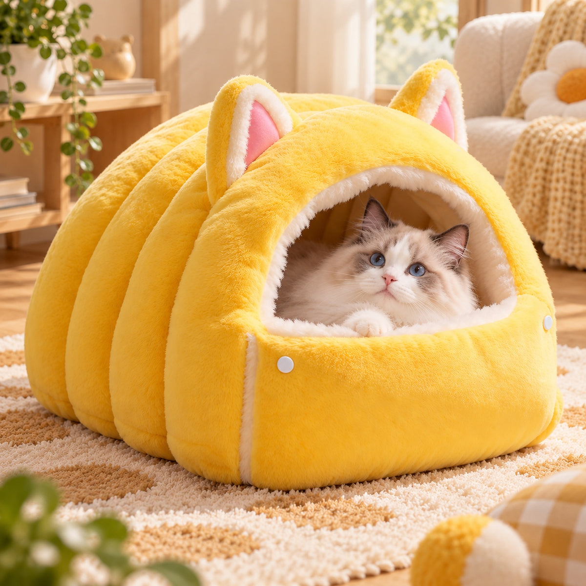 Cat Bed | Cosy Cat Ear Cave | Soft Plush & Fold-Down Front