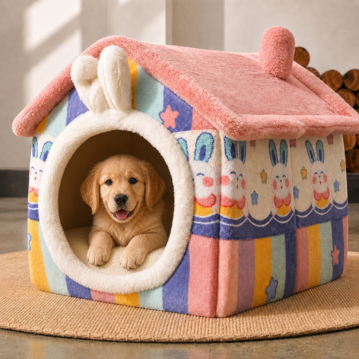 Rainbow Bunny Pet House | Warm Plush Pet Bed | Washable for Small Dogs & Kittens