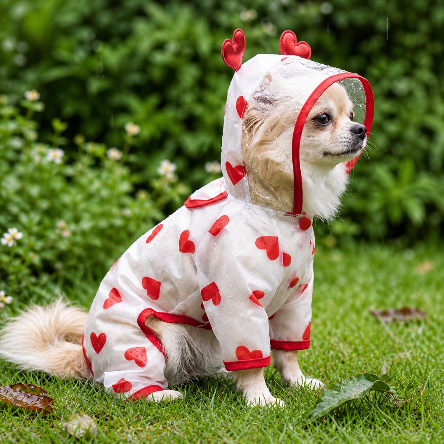 Heart Print Dog Raincoat | Waterproof | Hooded Full-Coverage Design