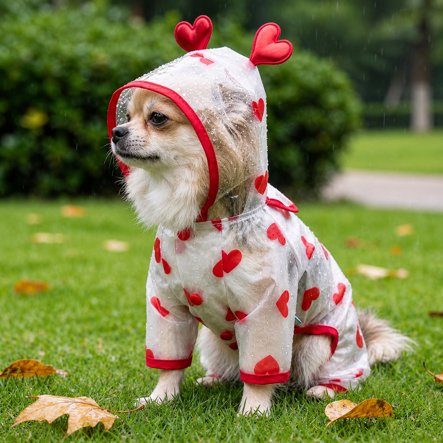 Heart Print Dog Raincoat | Waterproof | Hooded Full-Coverage Design