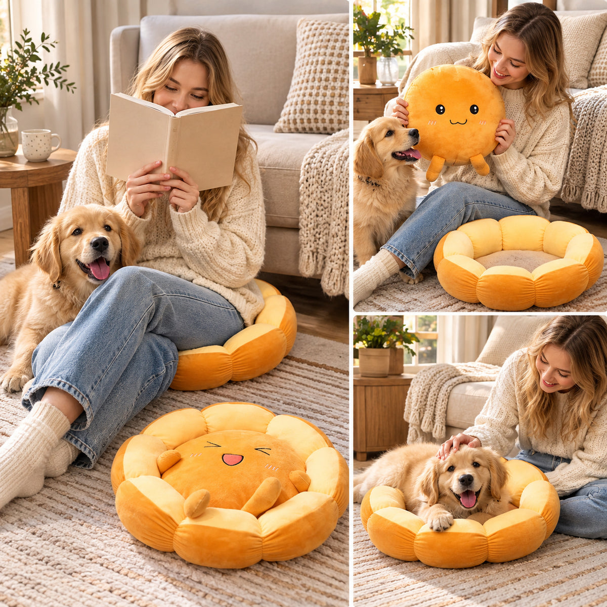 Dog & Cat Bed and Seat Cushion | Flower Design | Soft, Washable Plush