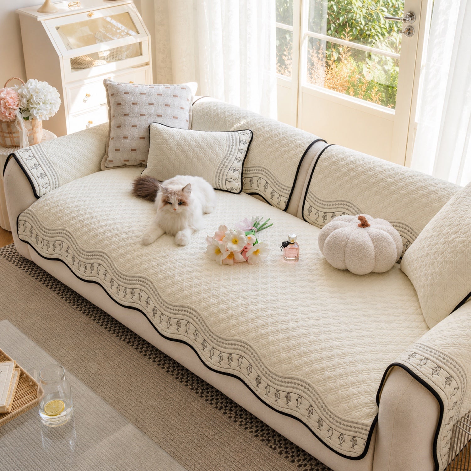 Fish Pattern Cotton Sofa Protector | Quilted Non-Slip Washable Cover