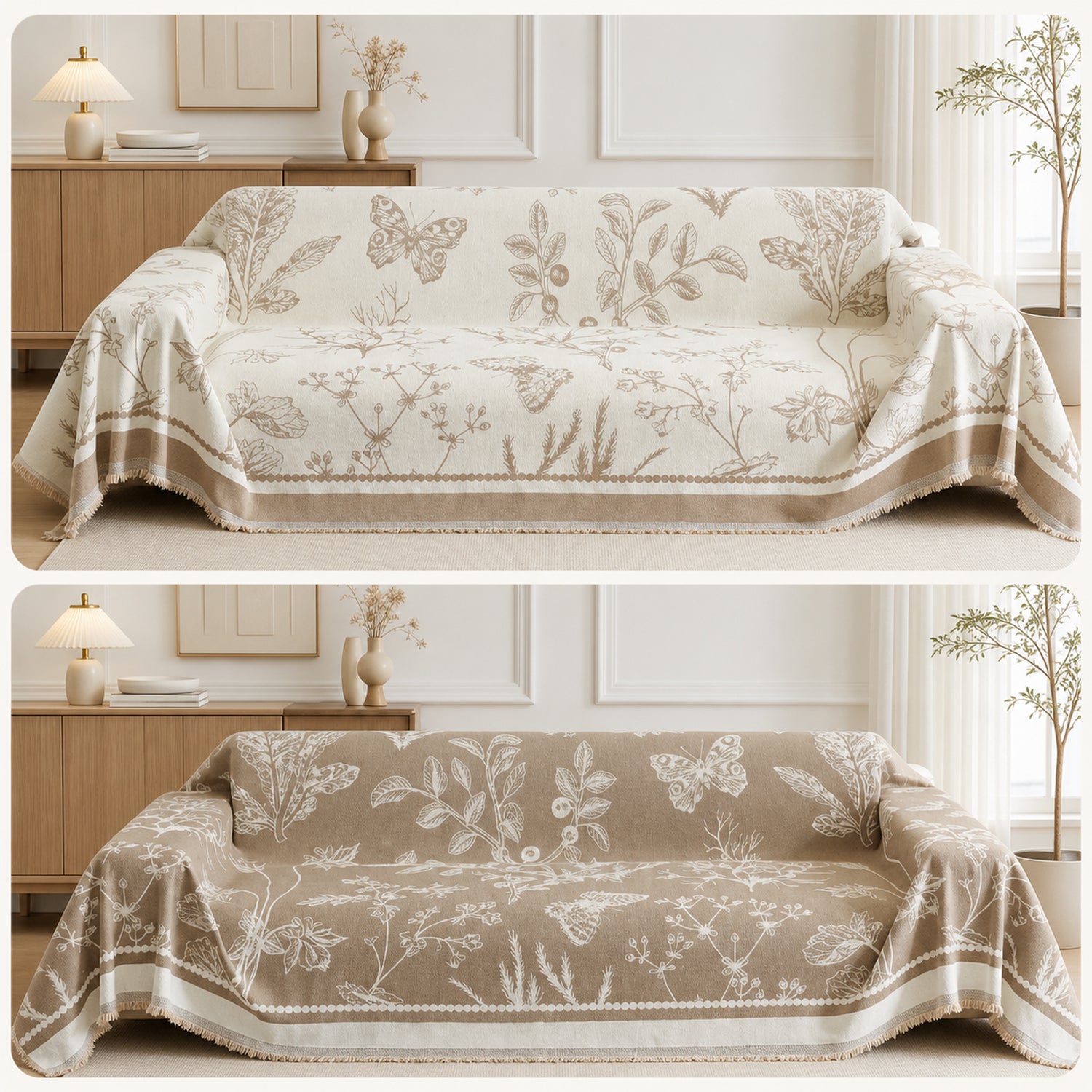 Botanical Sketch Reversible Chenille Sofa Throw | Machine-Washable Sofa Protector