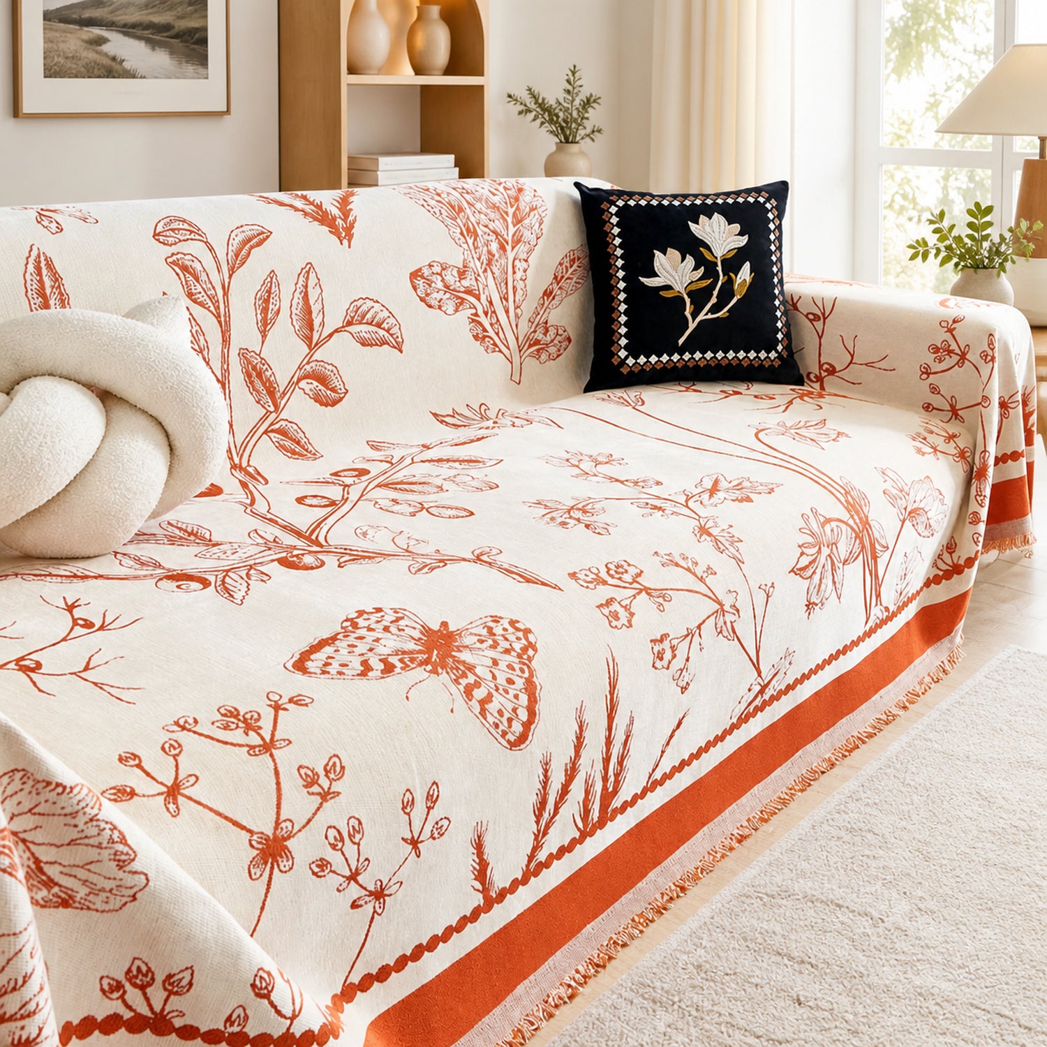 Botanical Sketch Reversible Chenille Sofa Throw | Machine-Washable Sofa Protector