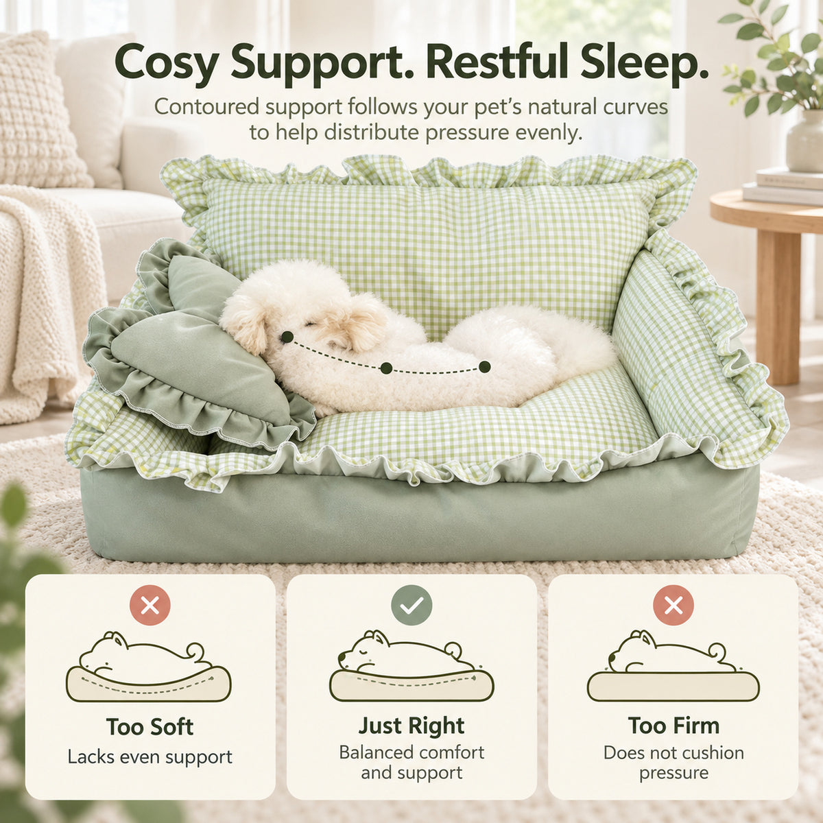 Dog Sofa Bed & Cat Bed | Sweet Ruffle Design with Bow Cushion & Non-Slip Base