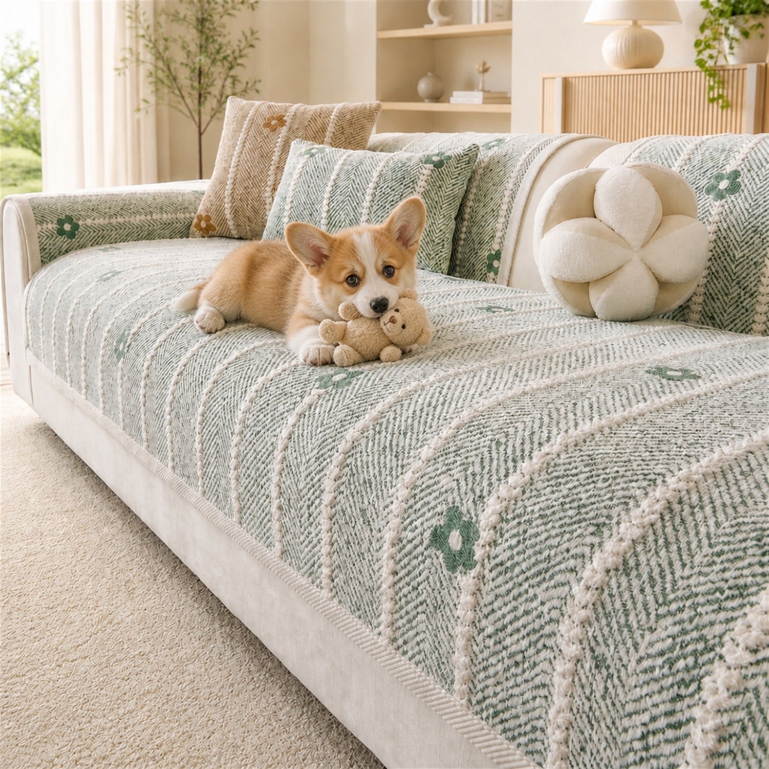 Daisy Stripe Chenille Sofa Protector | Non-Slip Machine-Washable Cover