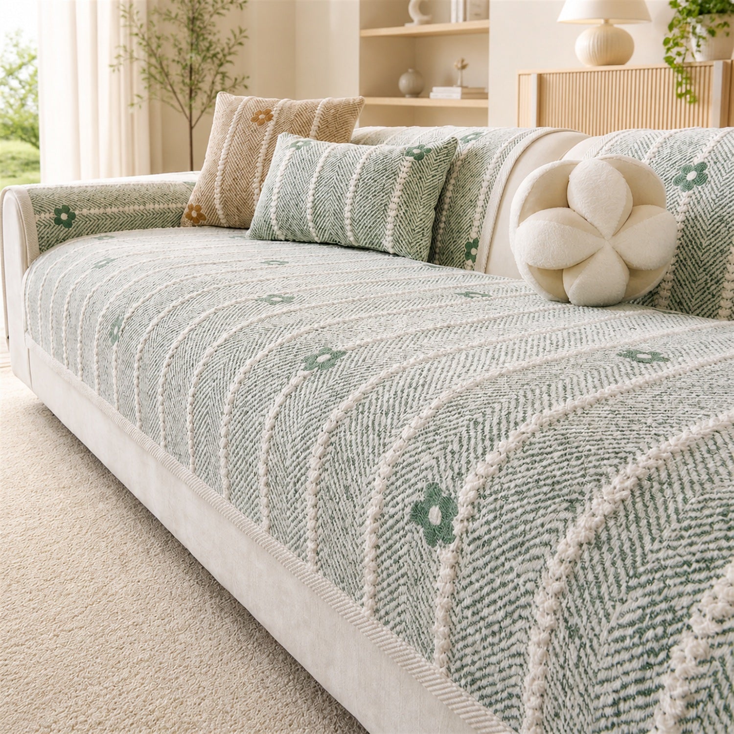 Daisy Stripe Chenille Sofa Protector | Non-Slip Machine-Washable Cover