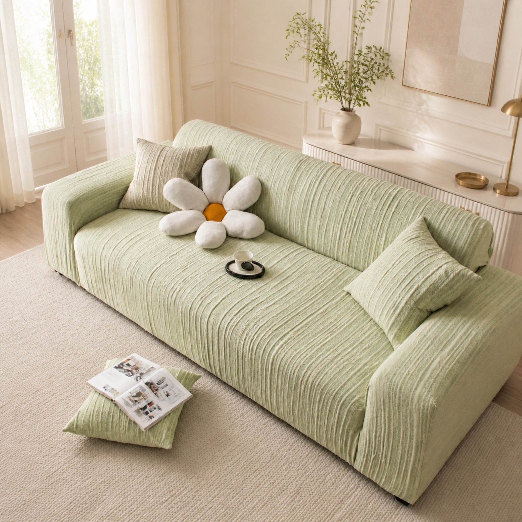Striped Stretch Sofa Protector | Full-Coverage Anti-Scratch Machine-Washable Cover