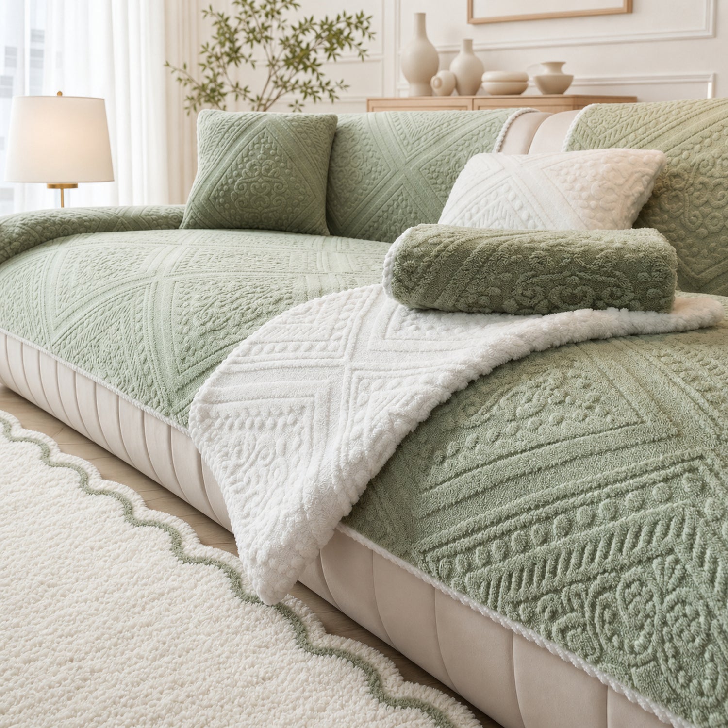 Nordic Carved Plush Sofa Protector | Non-Slip Washable Textured Cover