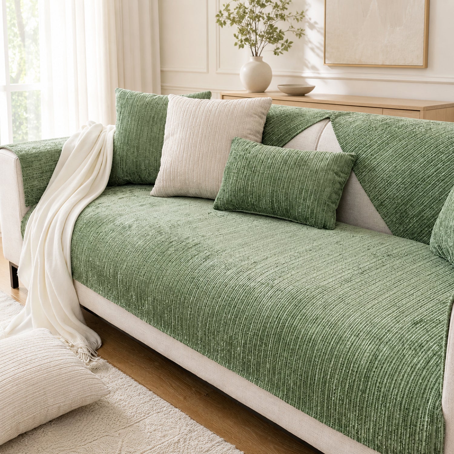 Soft Line Chenille Sofa Protector | Non-Slip Ribbed Design | Machine Washable