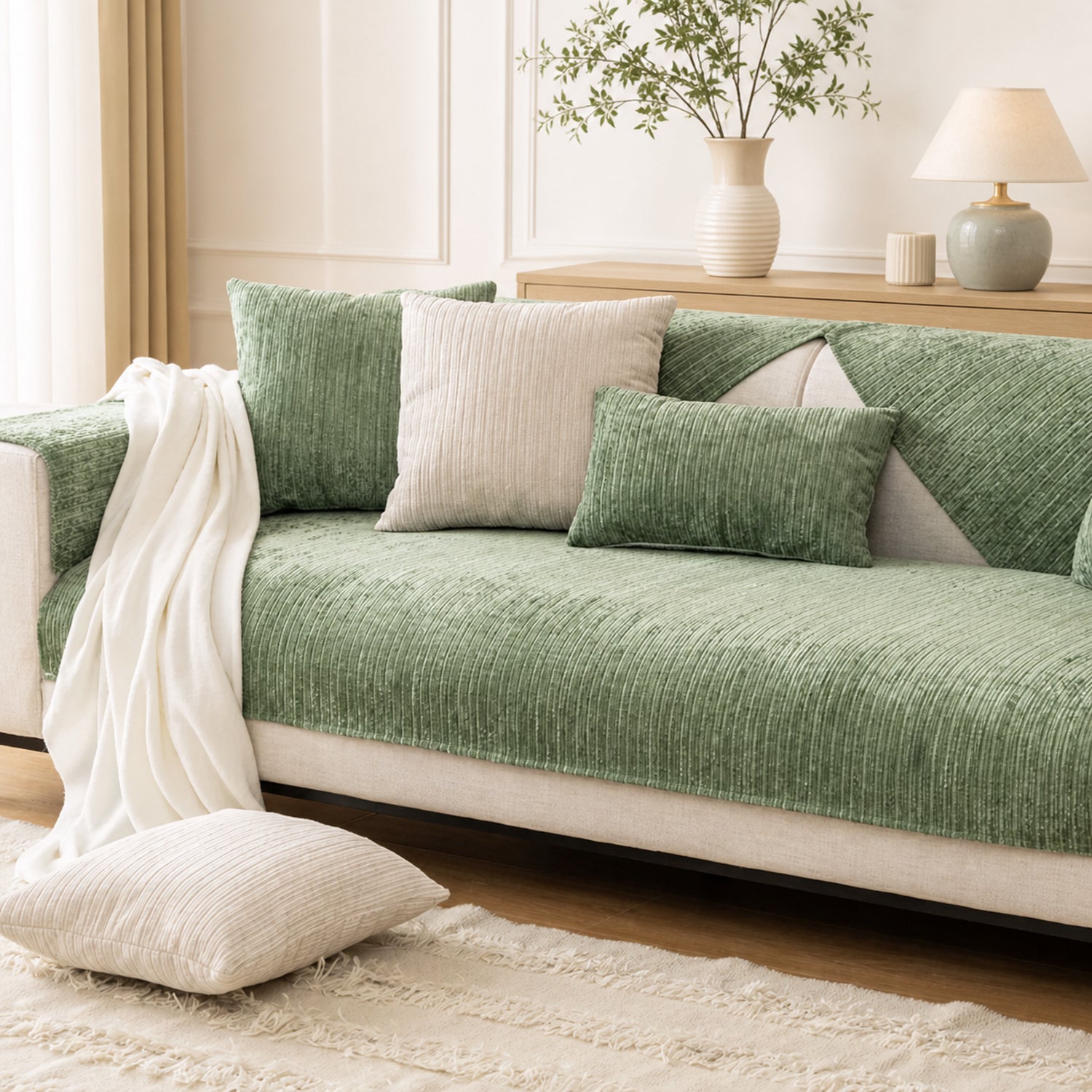 Soft Line Chenille Sofa Protector | Non-Slip Ribbed Design | Machine Washable