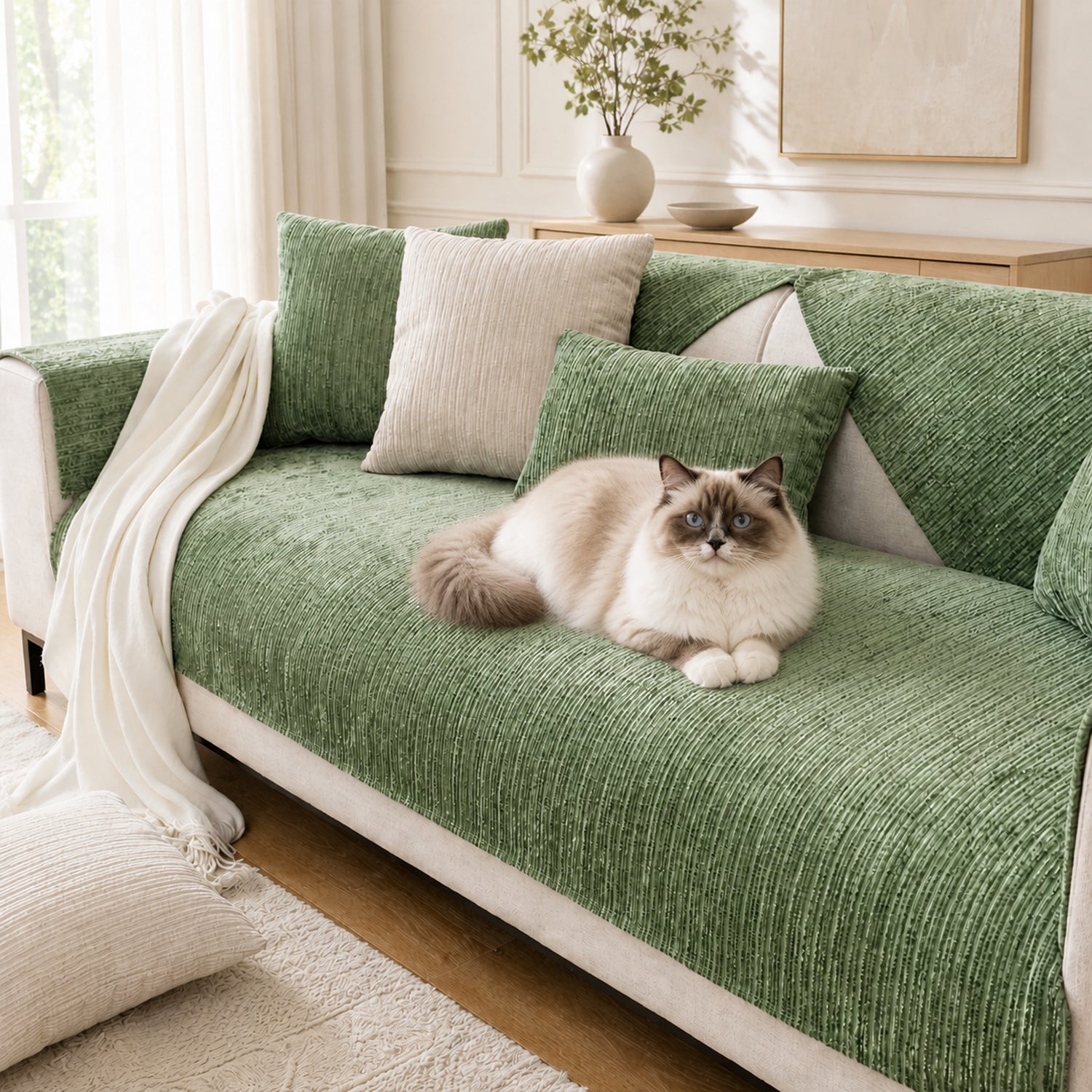 Soft Line Chenille Sofa Protector | Non-Slip Ribbed Design | Machine Washable