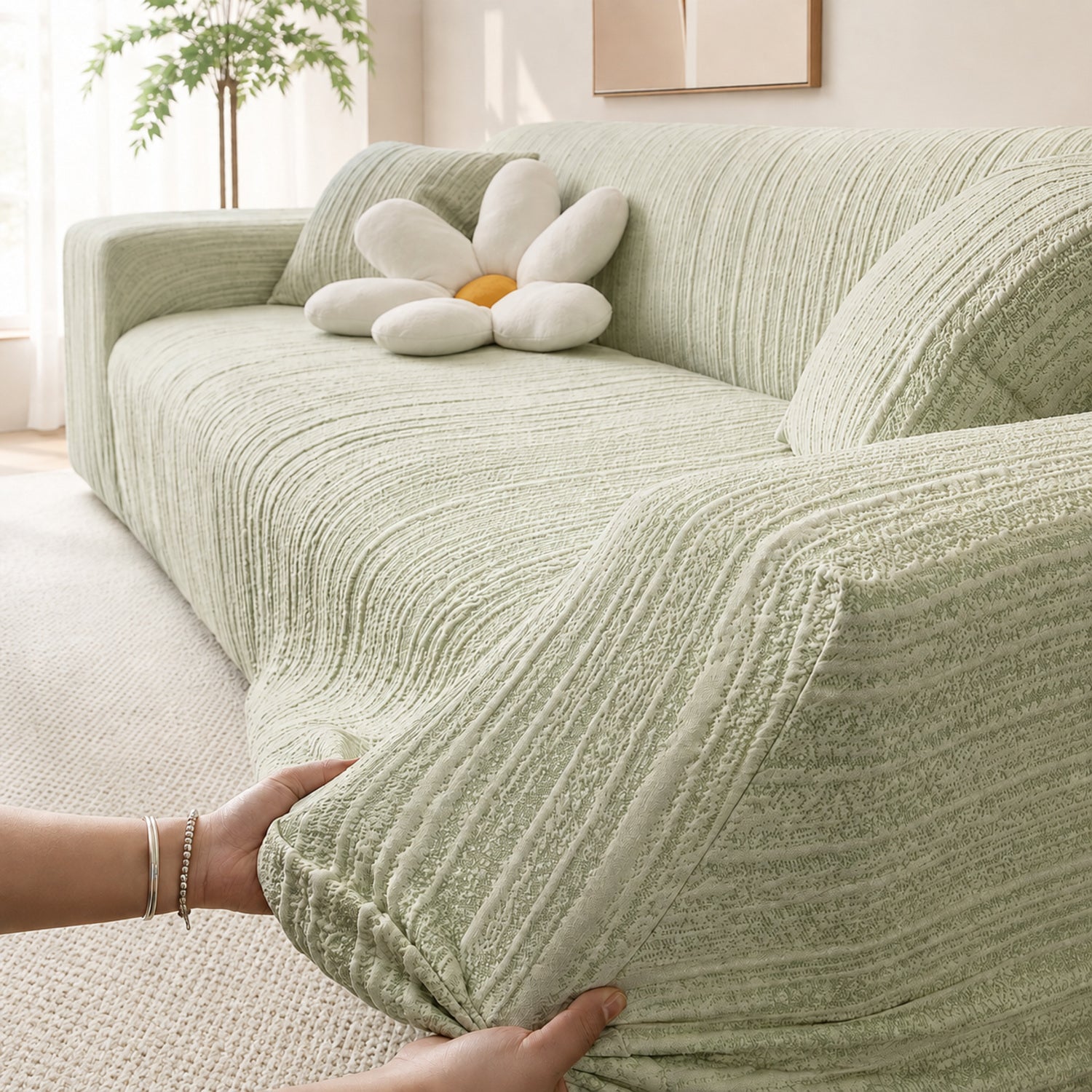 Striped Stretch Sofa Protector | Full-Coverage Anti-Scratch Machine-Washable Cover