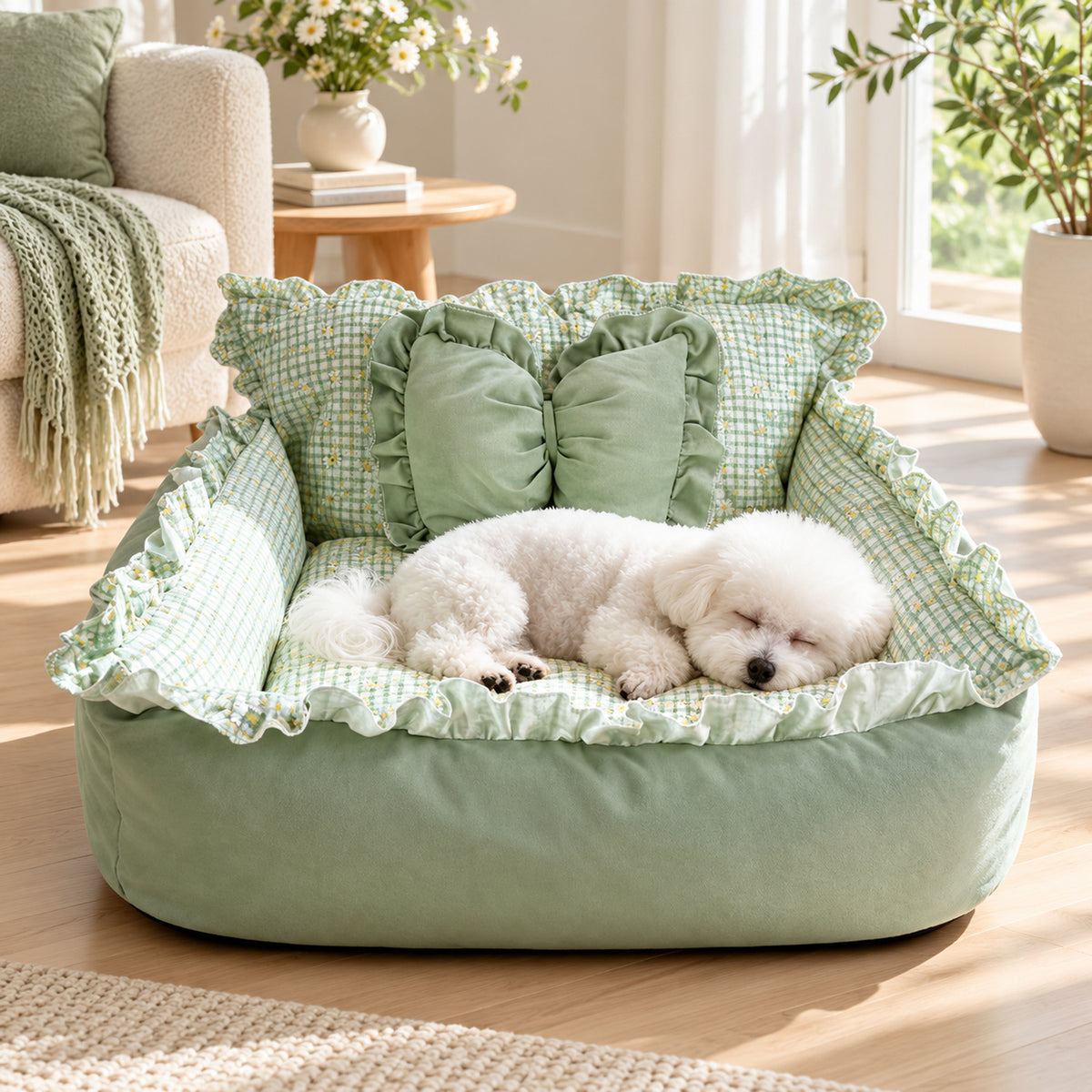 Dog Sofa Bed & Cat Bed | Sweet Ruffle Design with Bow Cushion & Non-Slip Base