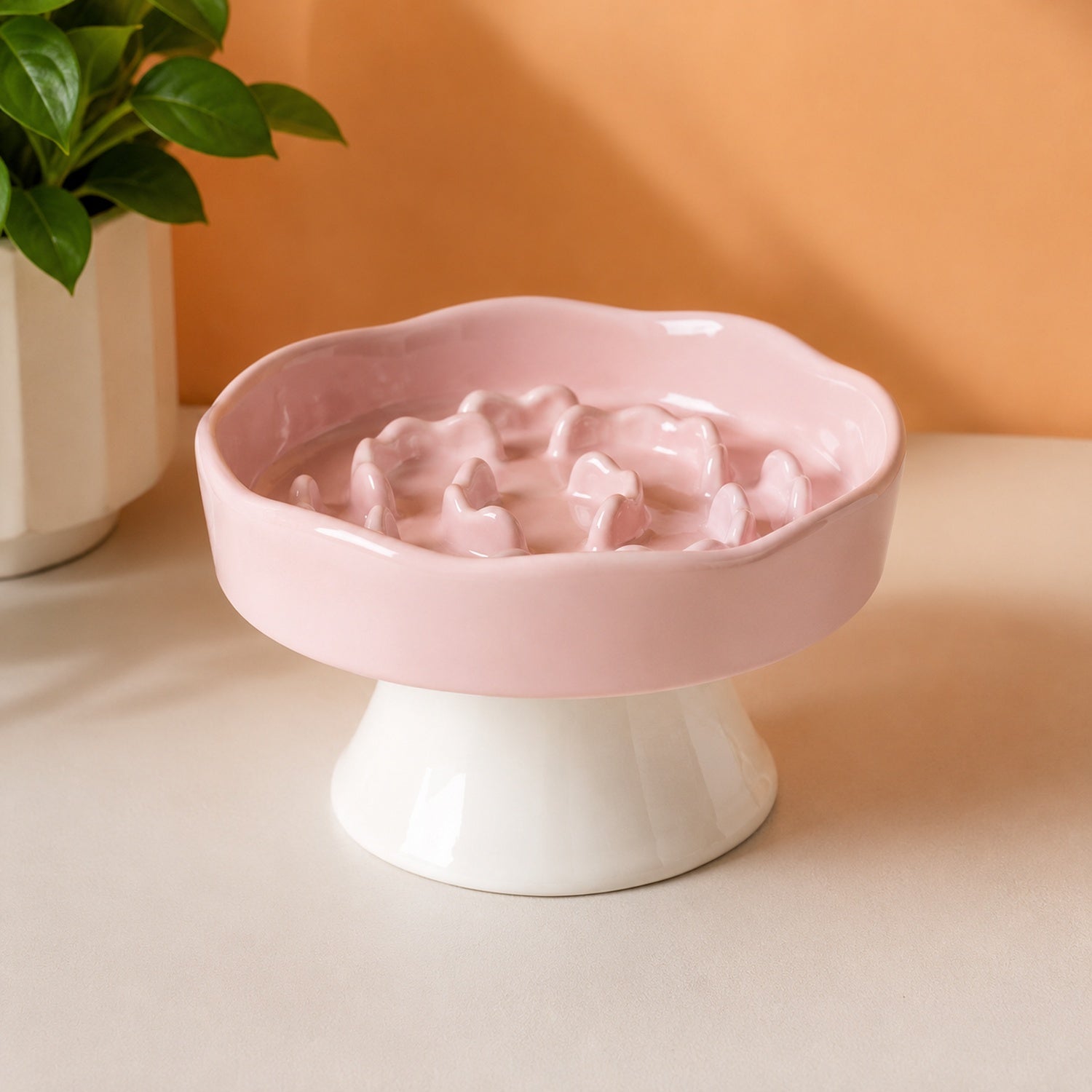 Elevated Floral Slow Feeder Bowl | Ceramic | Anti-Gulping for Cats & Small Dogs