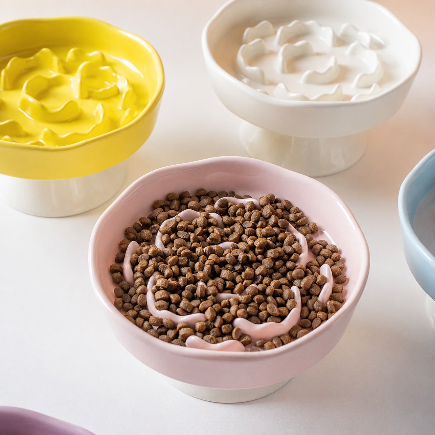 Elevated Floral Slow Feeder Bowl | Ceramic | Anti-Gulping for Cats & Small Dogs