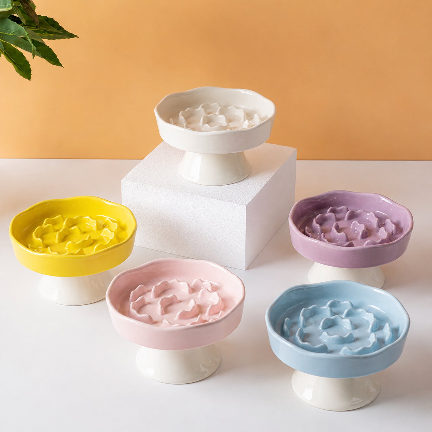 Elevated Floral Slow Feeder Bowl | Ceramic | Anti-Gulping for Cats & Small Dogs