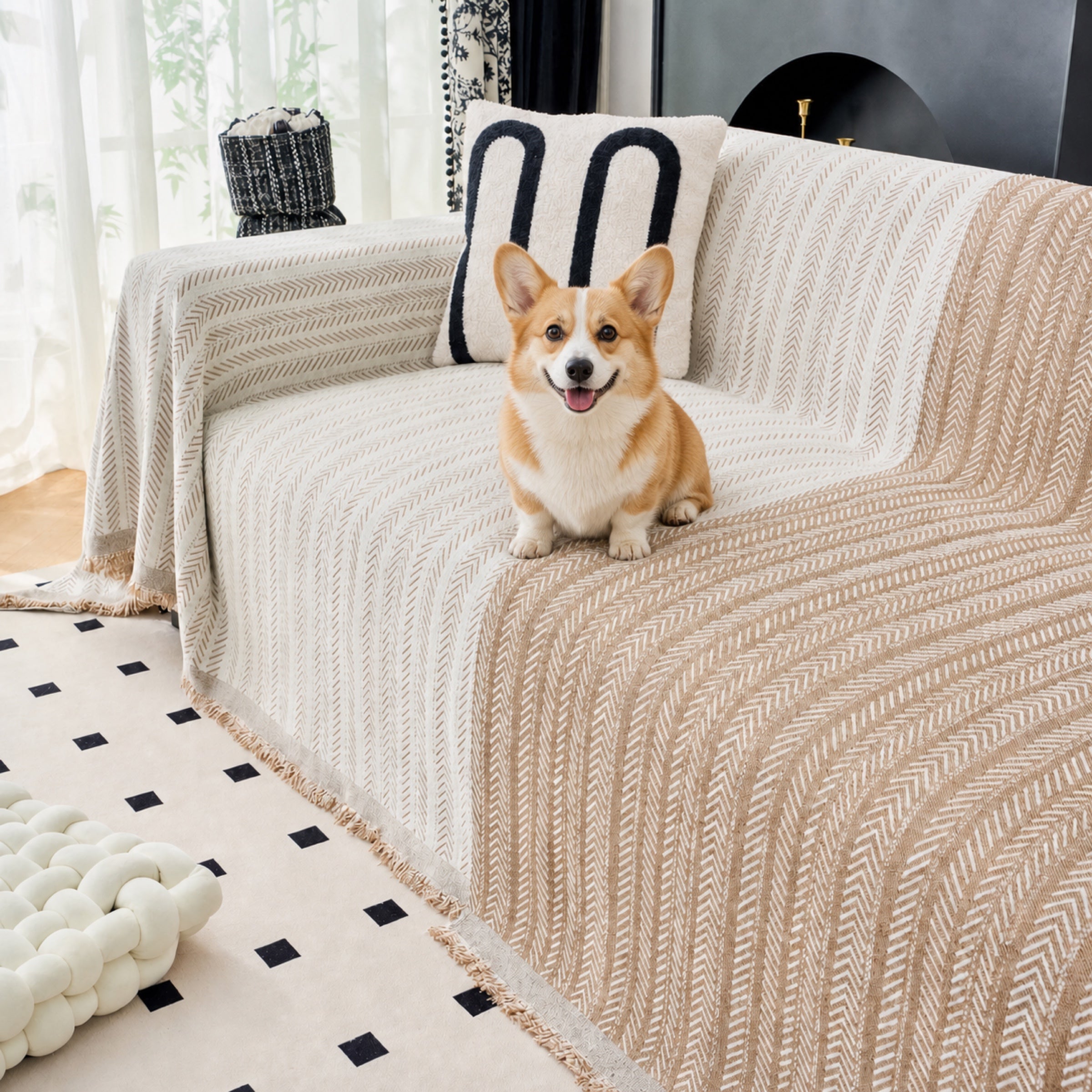 Herringbone Chenille Sofa Throw | Textured Washable Couch Cover | Woofing Deals
