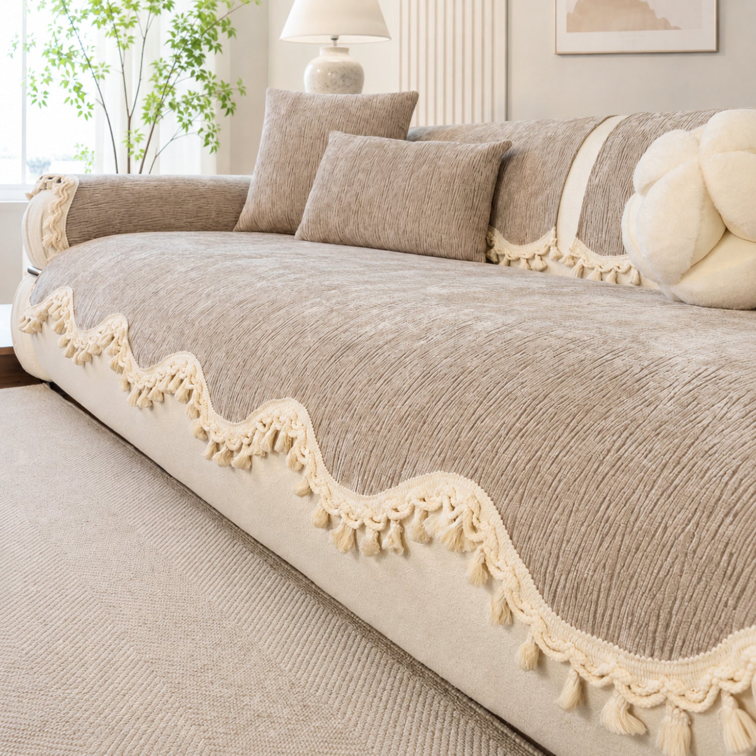 The Elowen Sofa Cover | Chenille | Elegant Tasselled Non-Slip