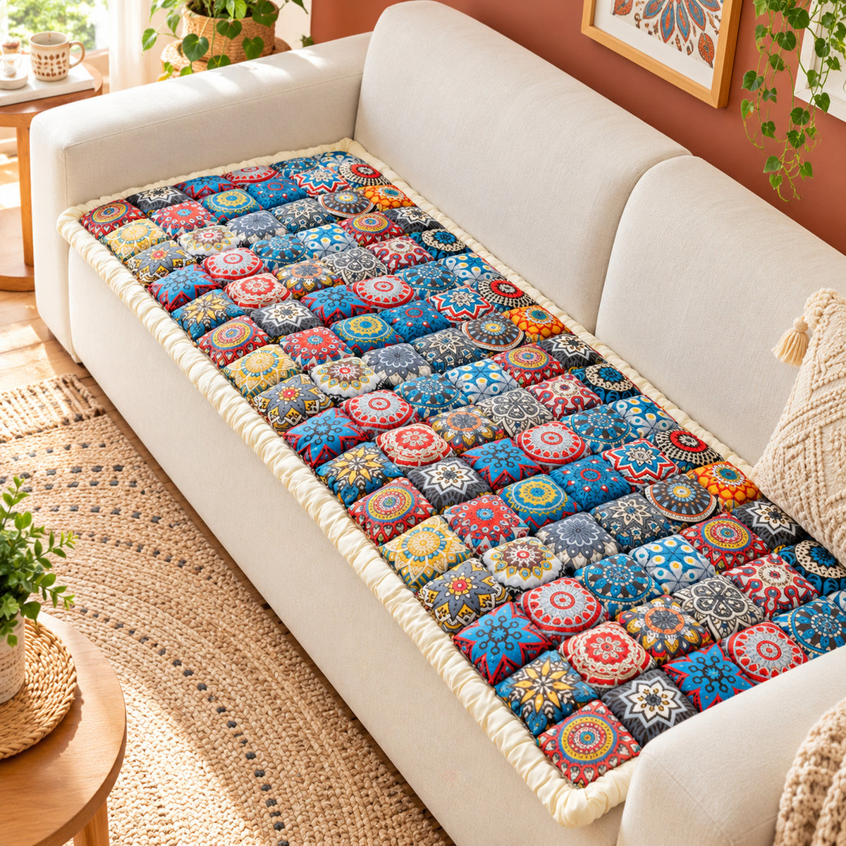 Mosaic Sofa Cover | Non-Slip Sofa Protector | Quilted 100% Cotton