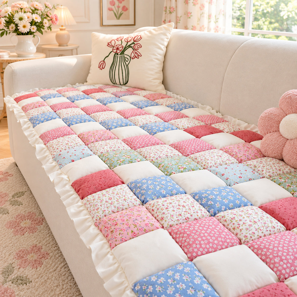 Patchwork Sofa Cover | Non-Slip Sofa Protector | Quilted 100% Cotton