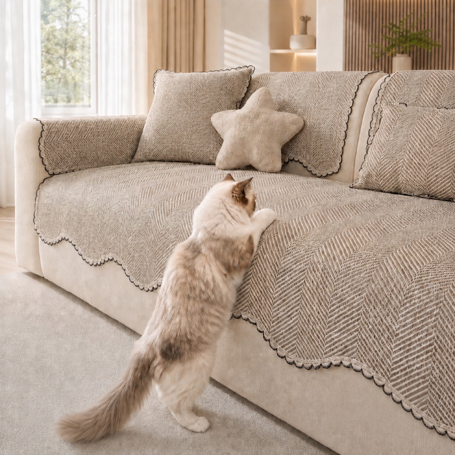 Herringbone Scallop Sofa Cover | Non-Slip Washable | All-Season