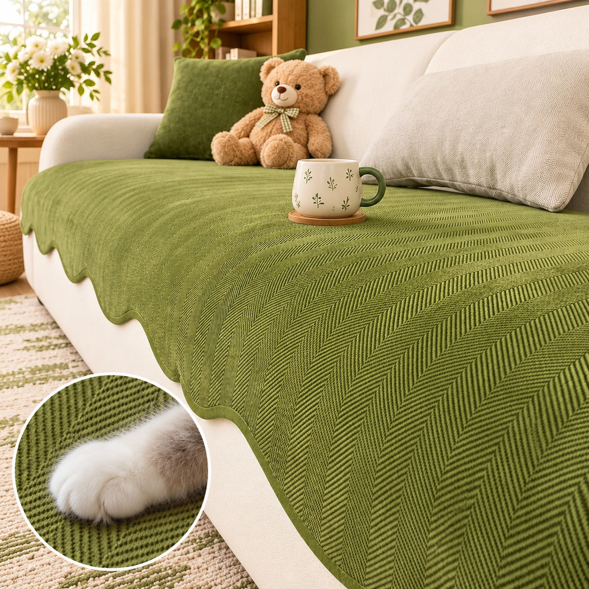 Sofa Cover | Non-Slip Chenille Sofa Protector | Herringbone Pattern with Scalloped Edges