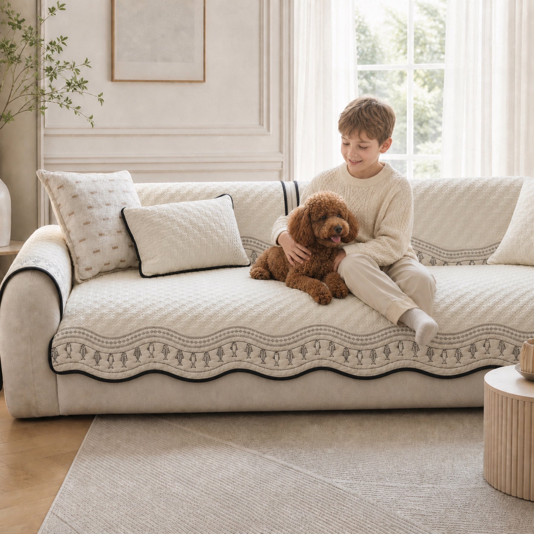 Fish Pattern Cotton Sofa Protector | Quilted Non-Slip Washable Cover